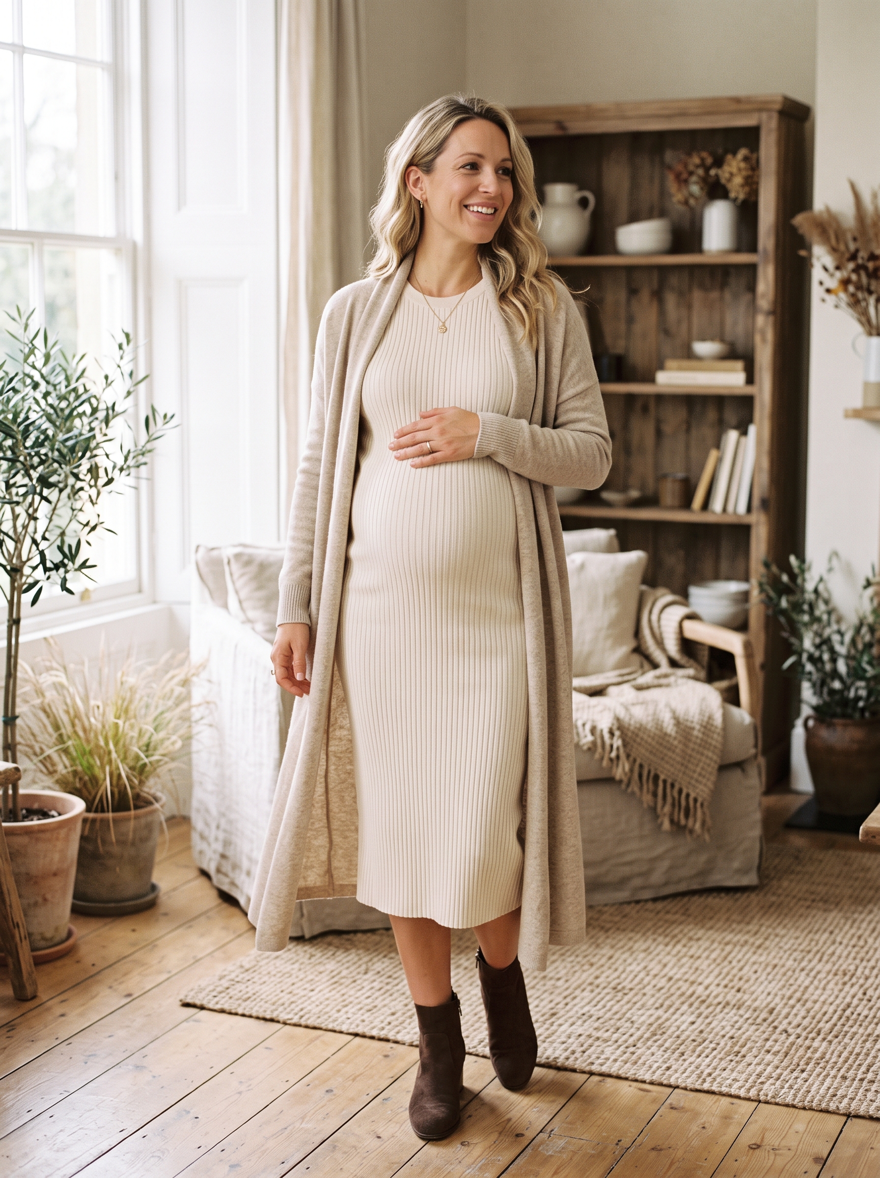 Ribbed Knit Dress With Long Cardigan