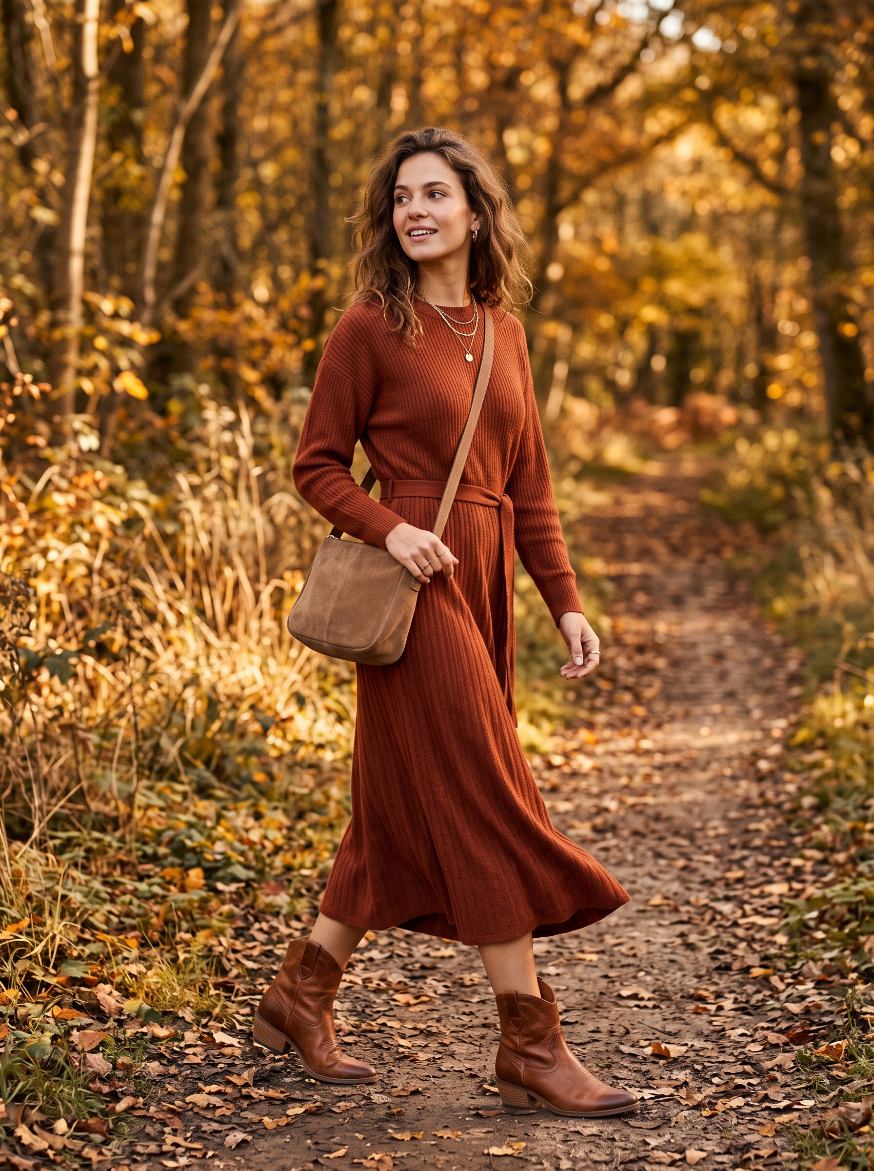Rust Knit Dress With Western Ankle Boots