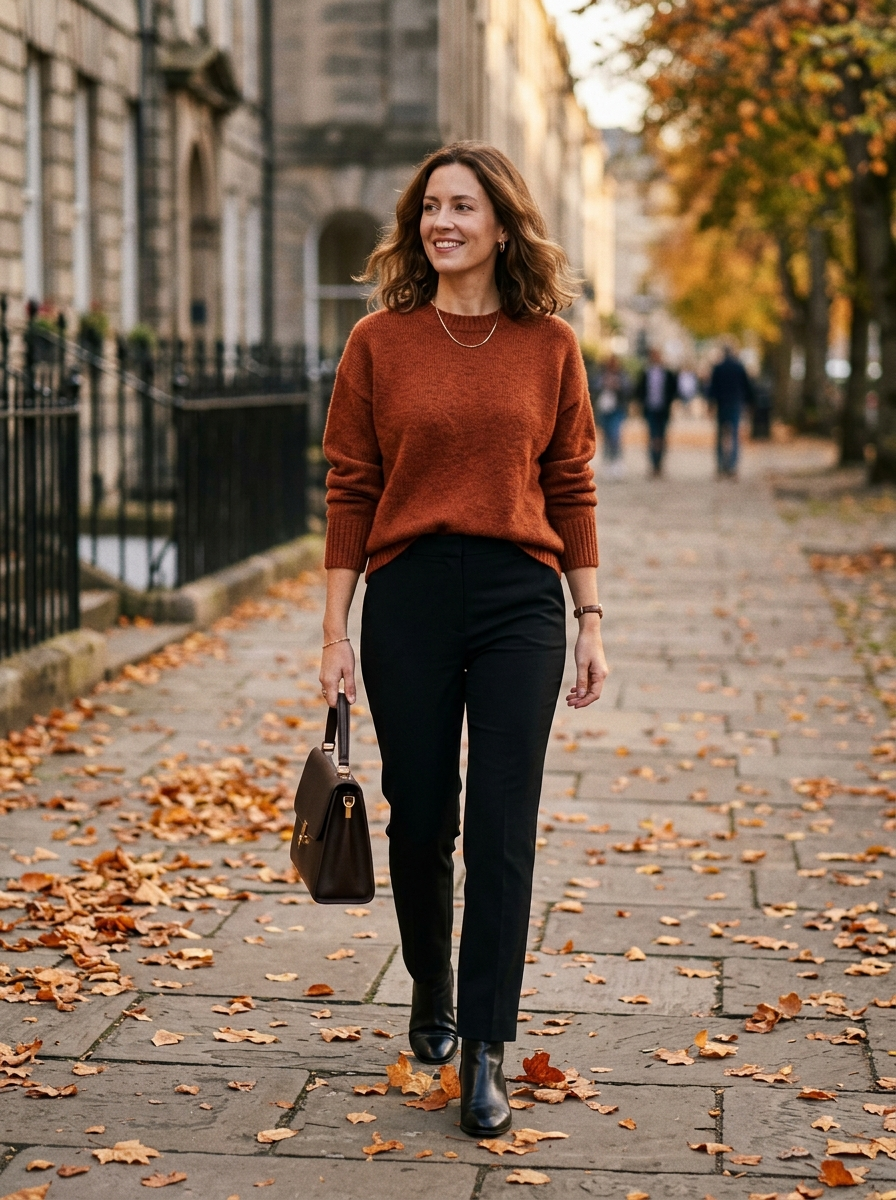 Rust Sweater With Black Straight-Leg Pants