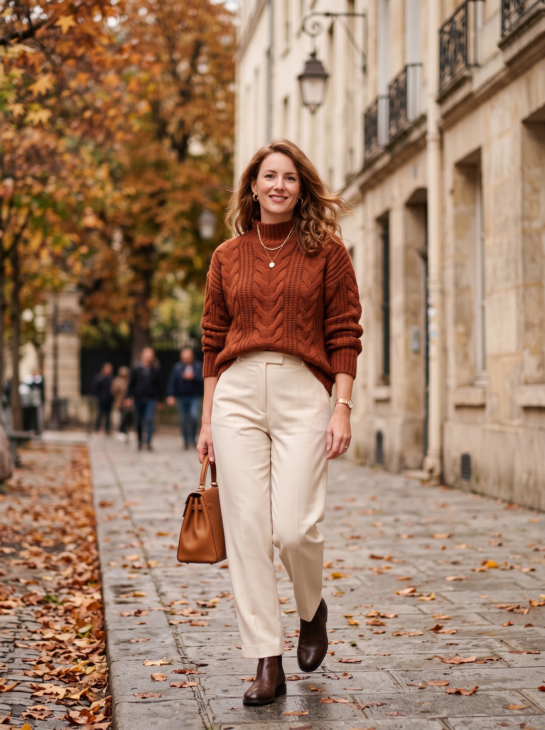 Rust Sweater With Cream Trousers