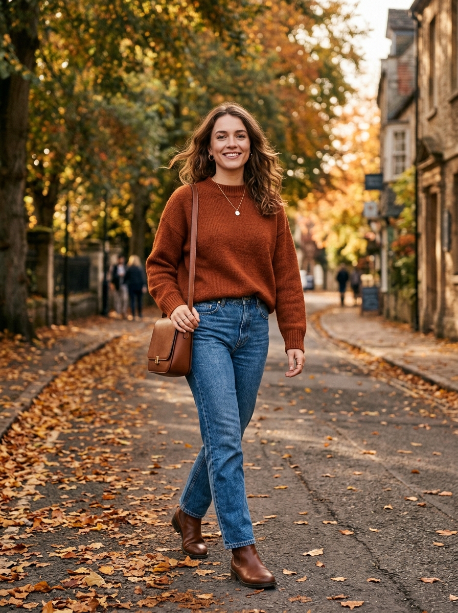 Rust Sweater With Medium-Wash Denim