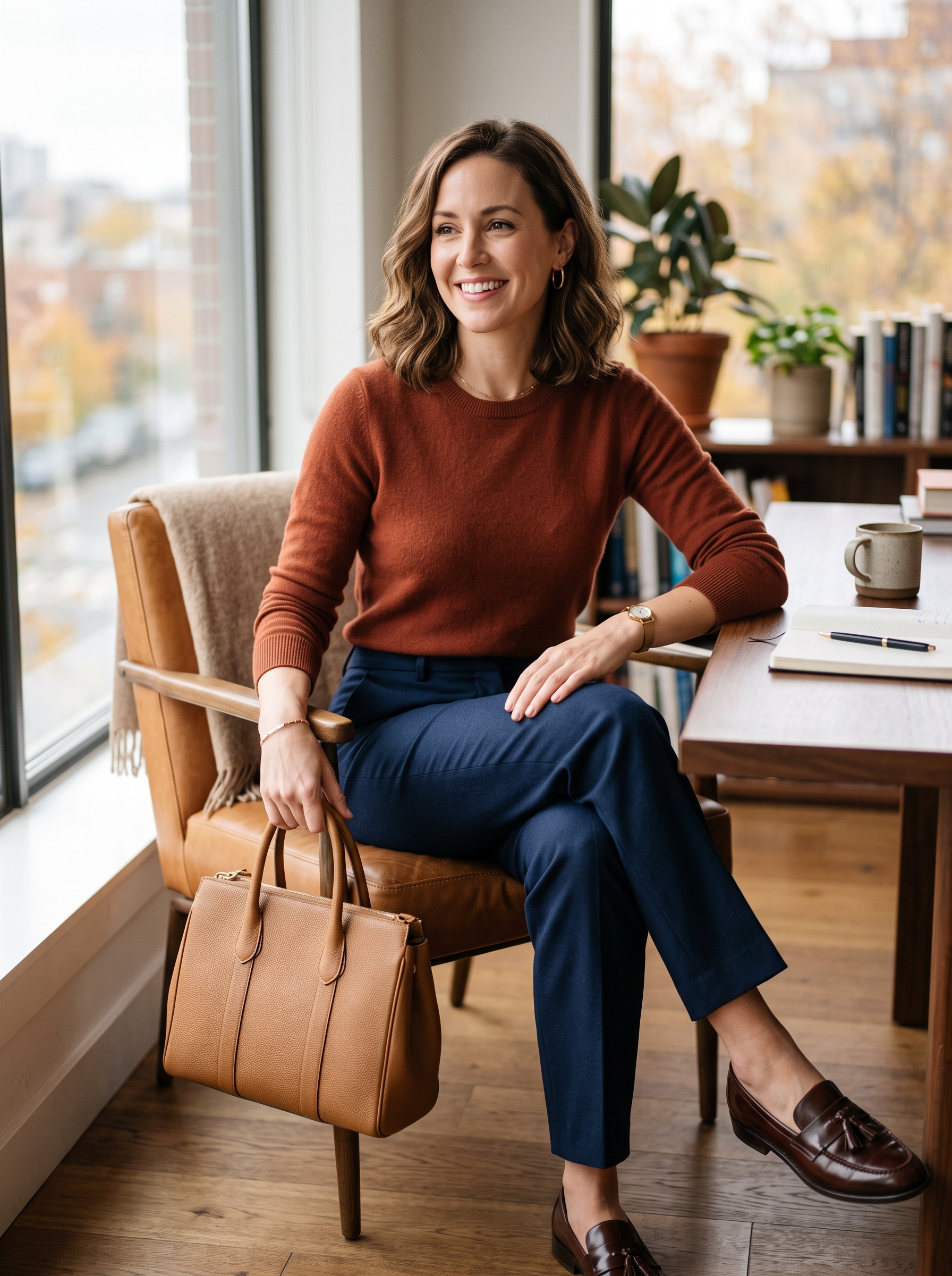 Rust Sweater With Navy Tailored Trousers