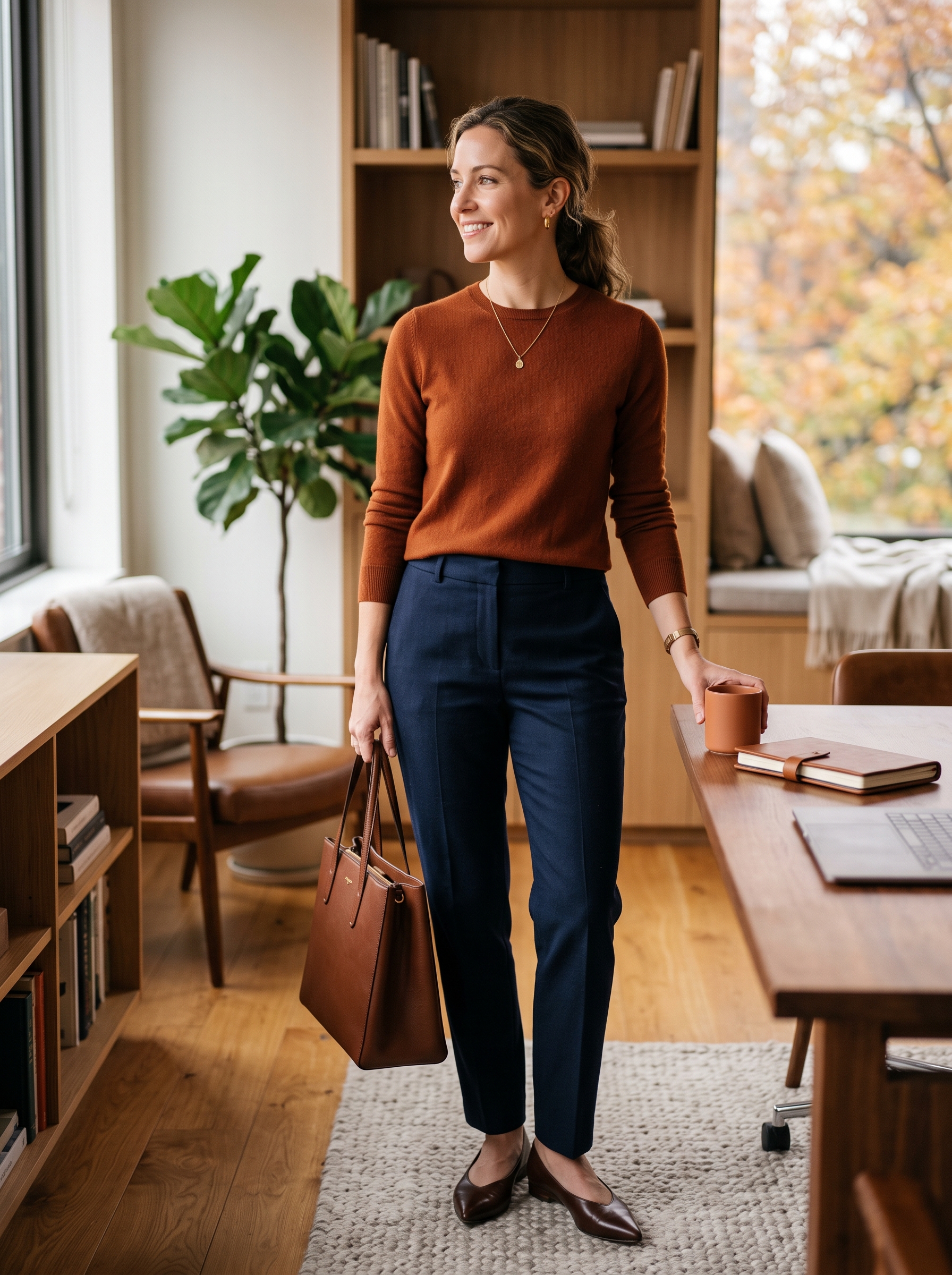 Rust Sweater With Navy Trousers