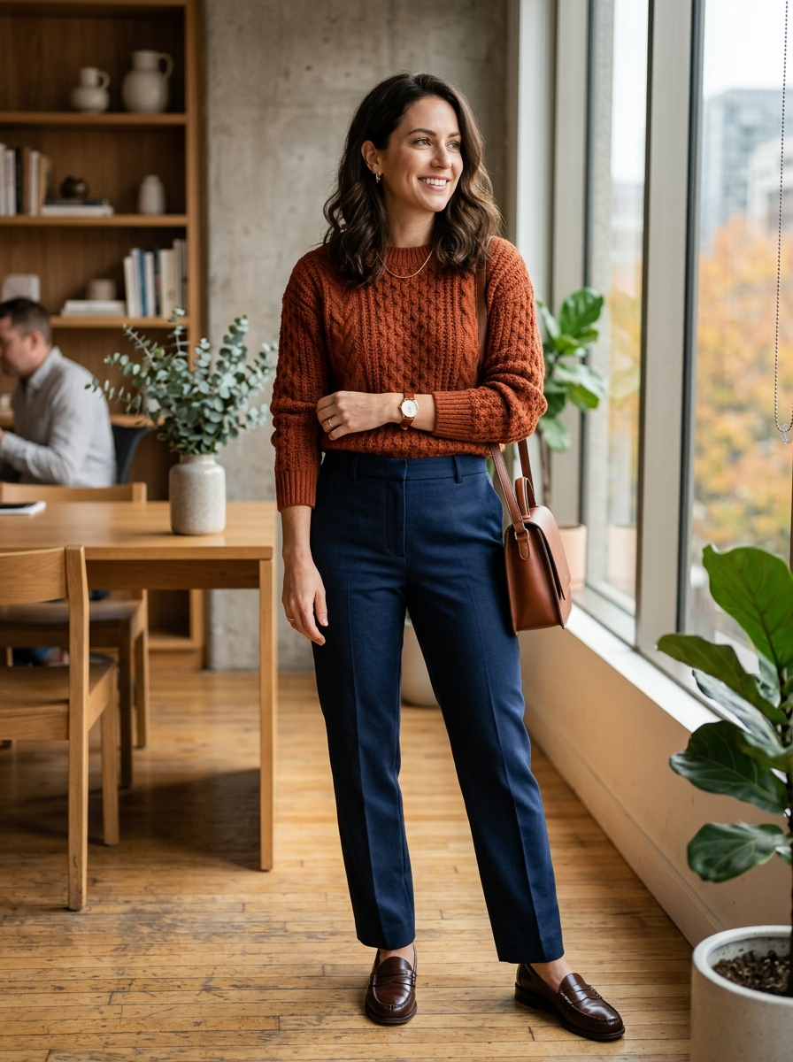 Rust Sweater With Navy Trousers