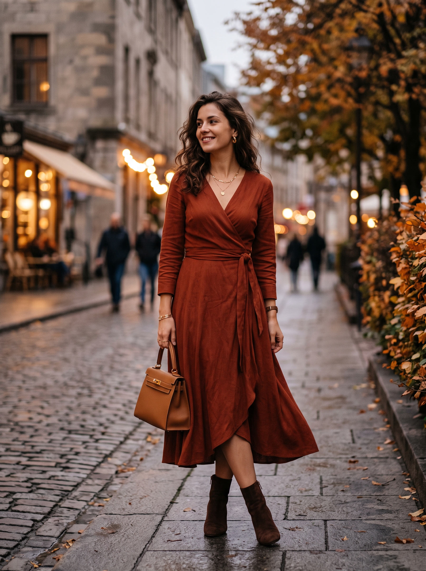 Rust Wrap Dress With Ankle Boots
