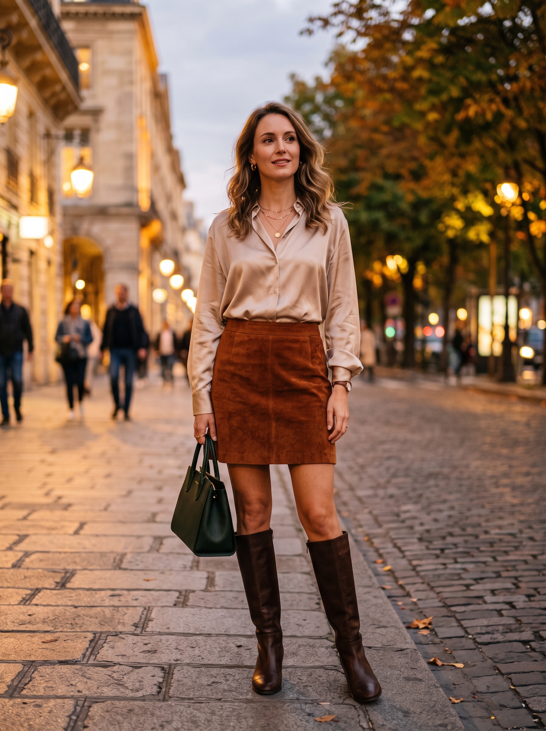 Satin Blouse With a Suede Mini Skirt