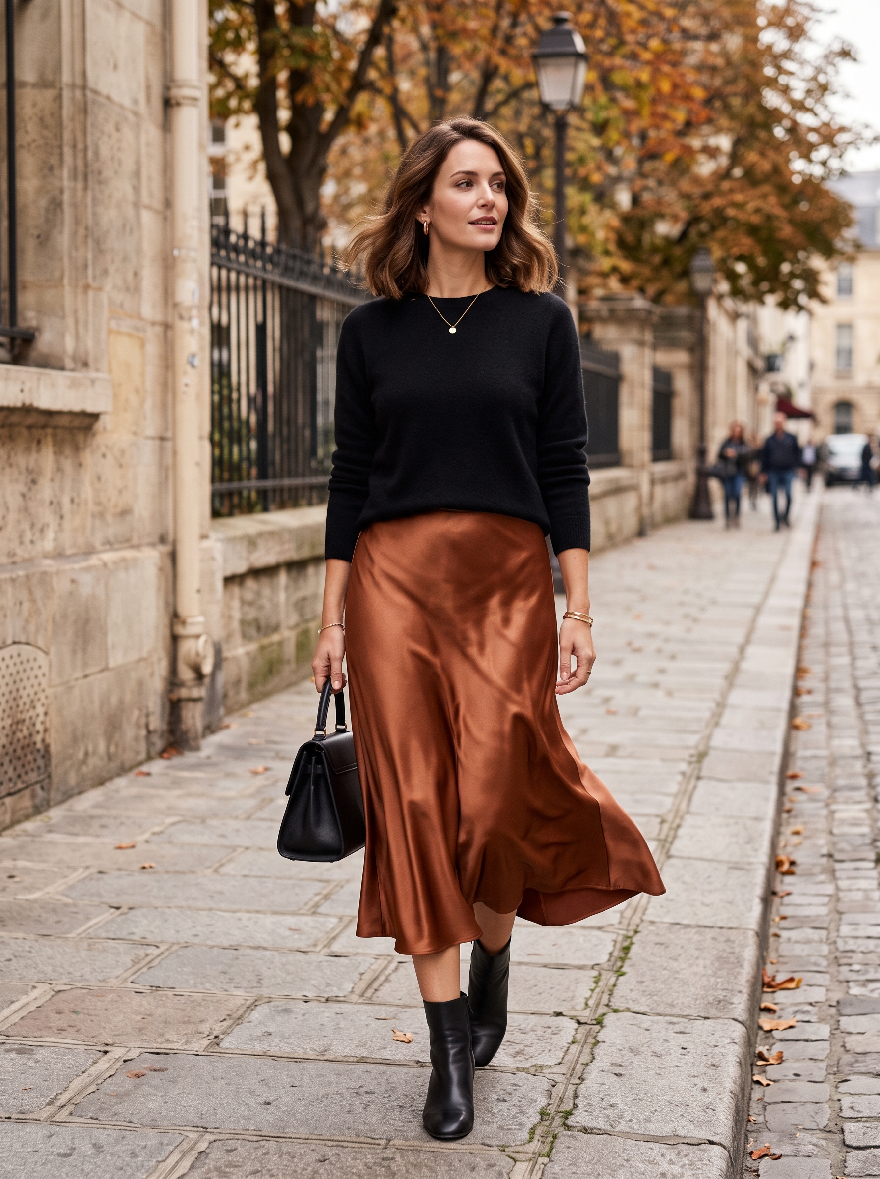 Satin Midi Skirt With Black Cashmere Sweater