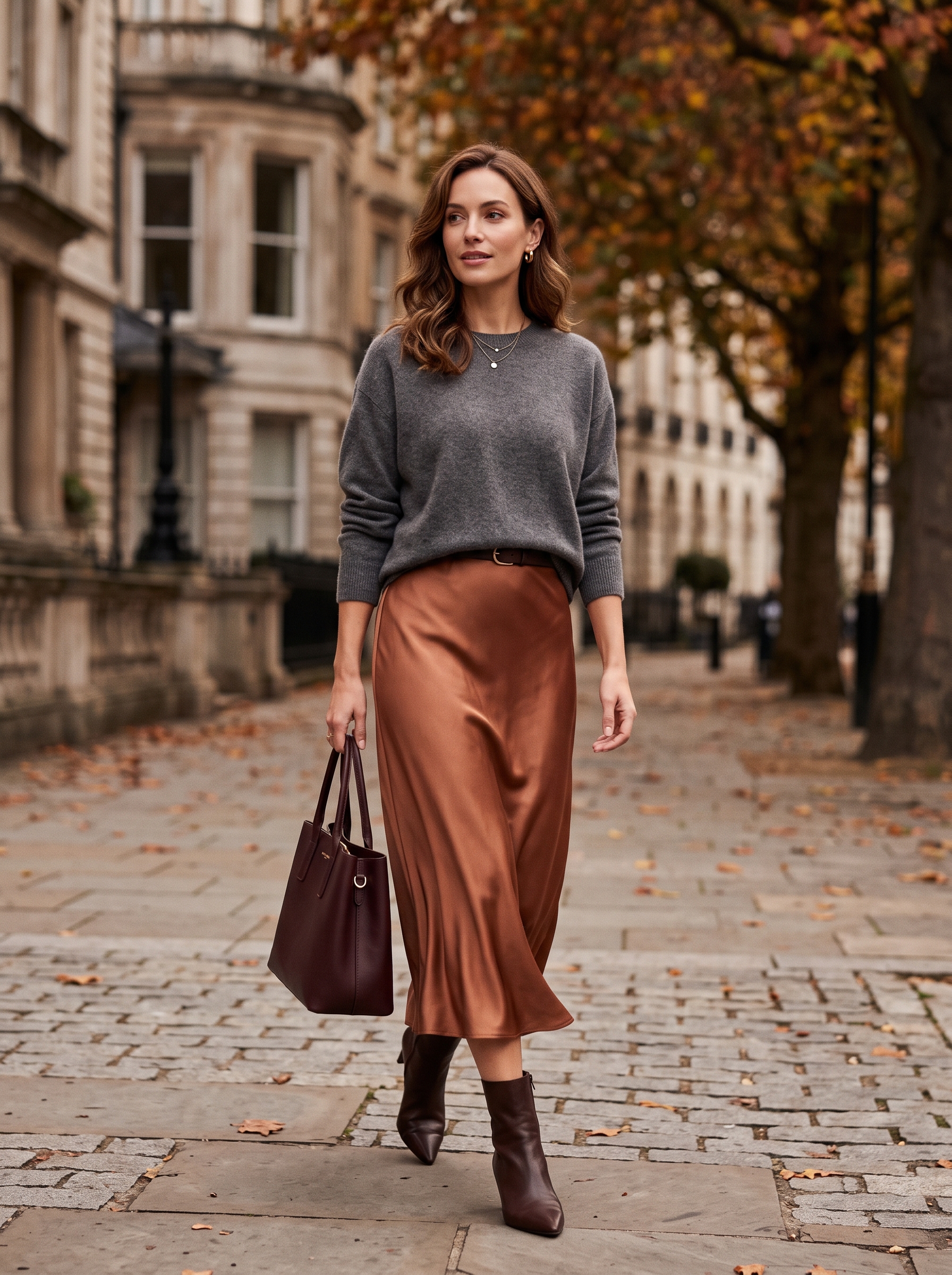 Satin Midi Skirt With Soft Gray Sweater