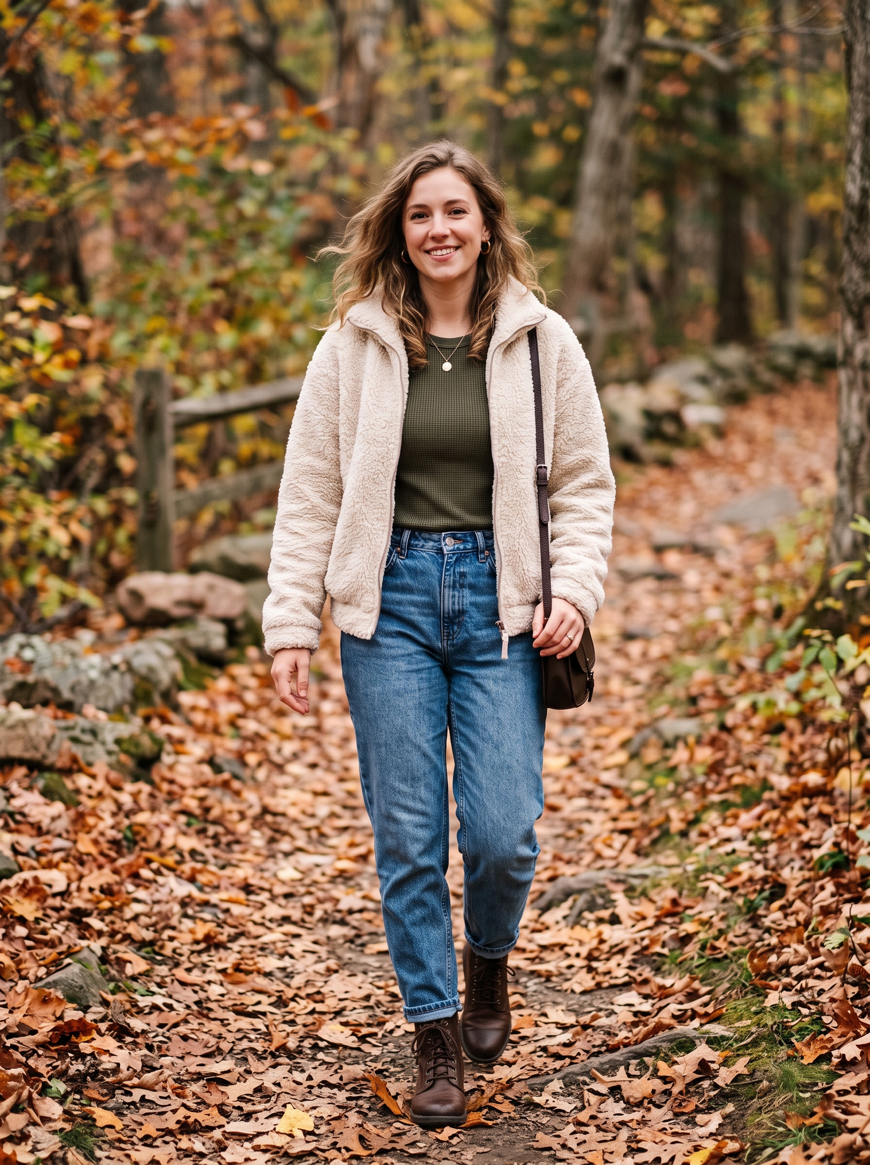 Sherpa Jacket With Thermal Top and Mom Jeans