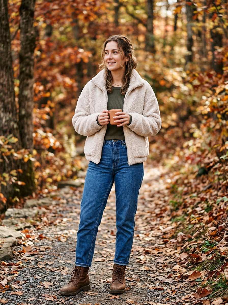 Sherpa Jacket With Thermal Top and Mom Jeans