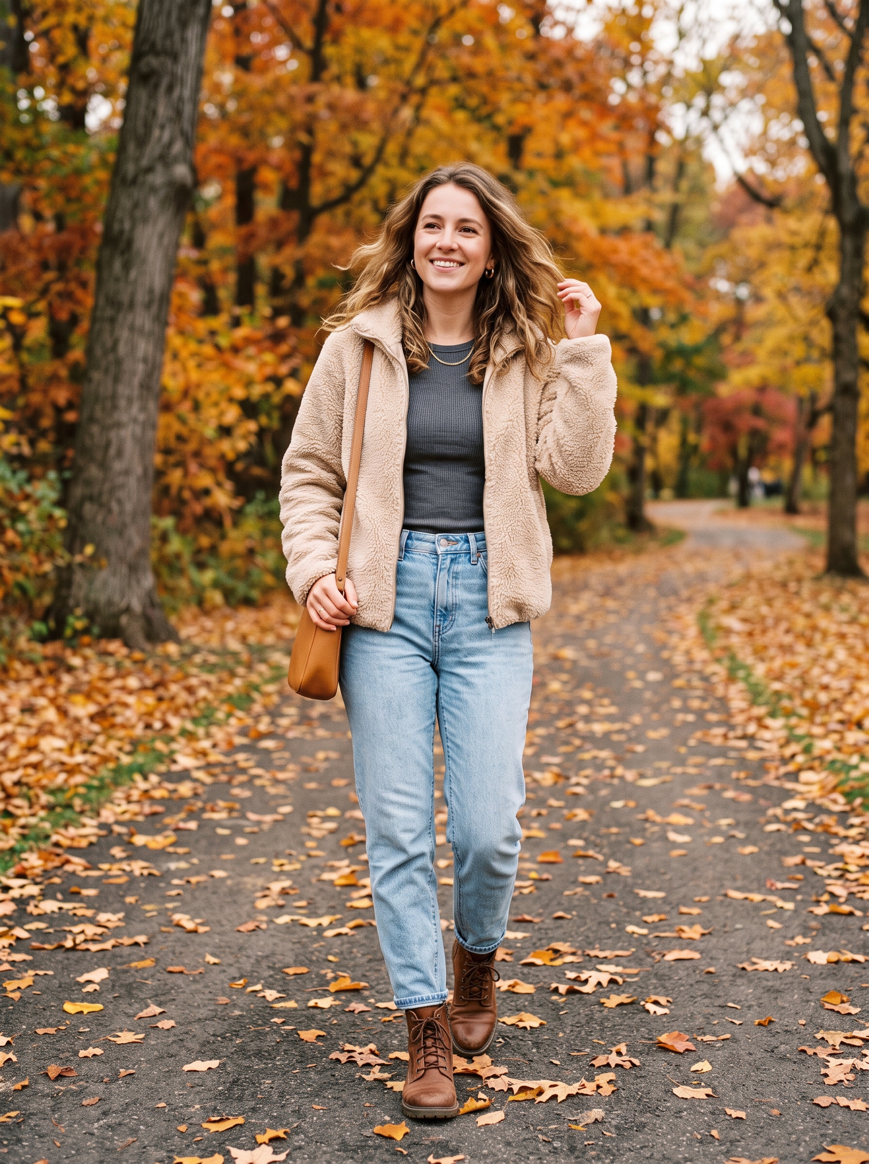 Sherpa Jacket With a Thermal Top and Mom Jeans