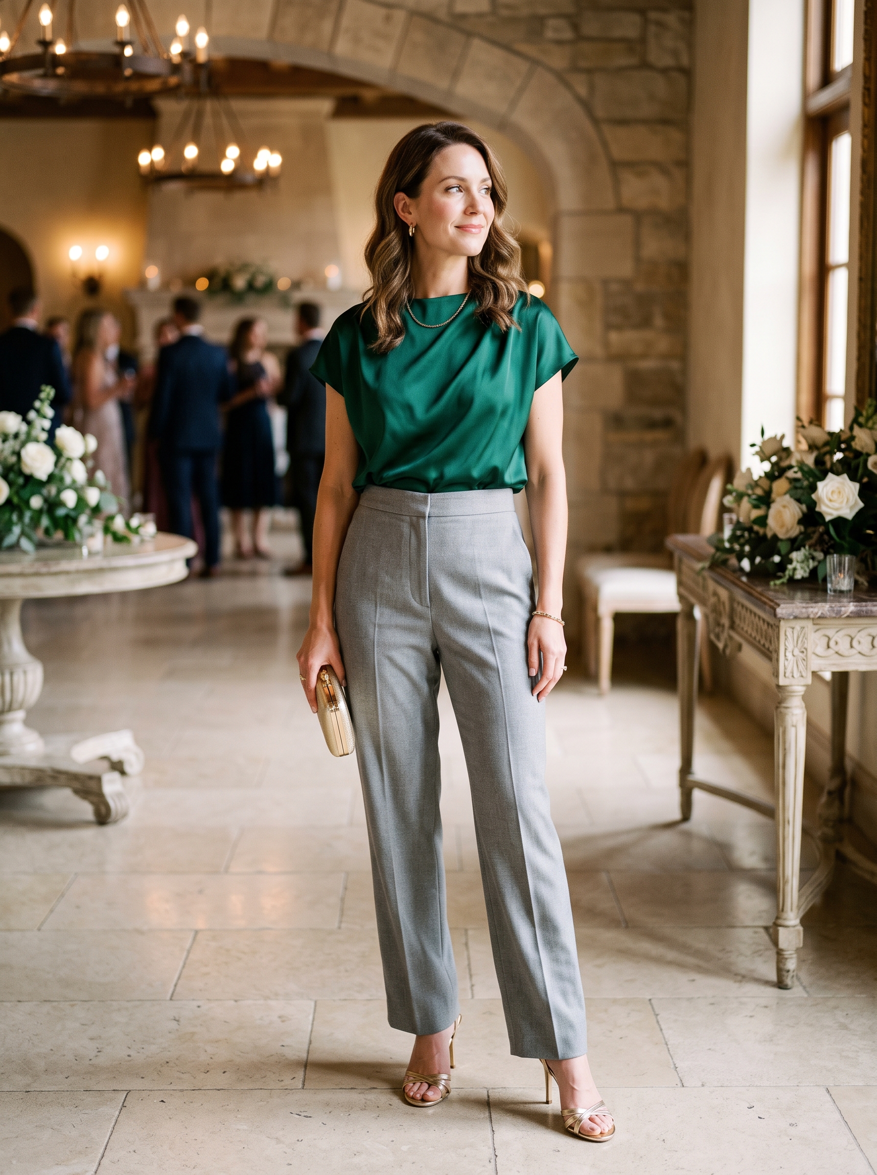 Soft Gray Trousers With Jewel-Neck Satin Top