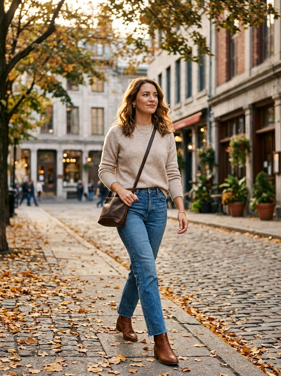 Straight Jeans With a Soft Crewneck Sweater