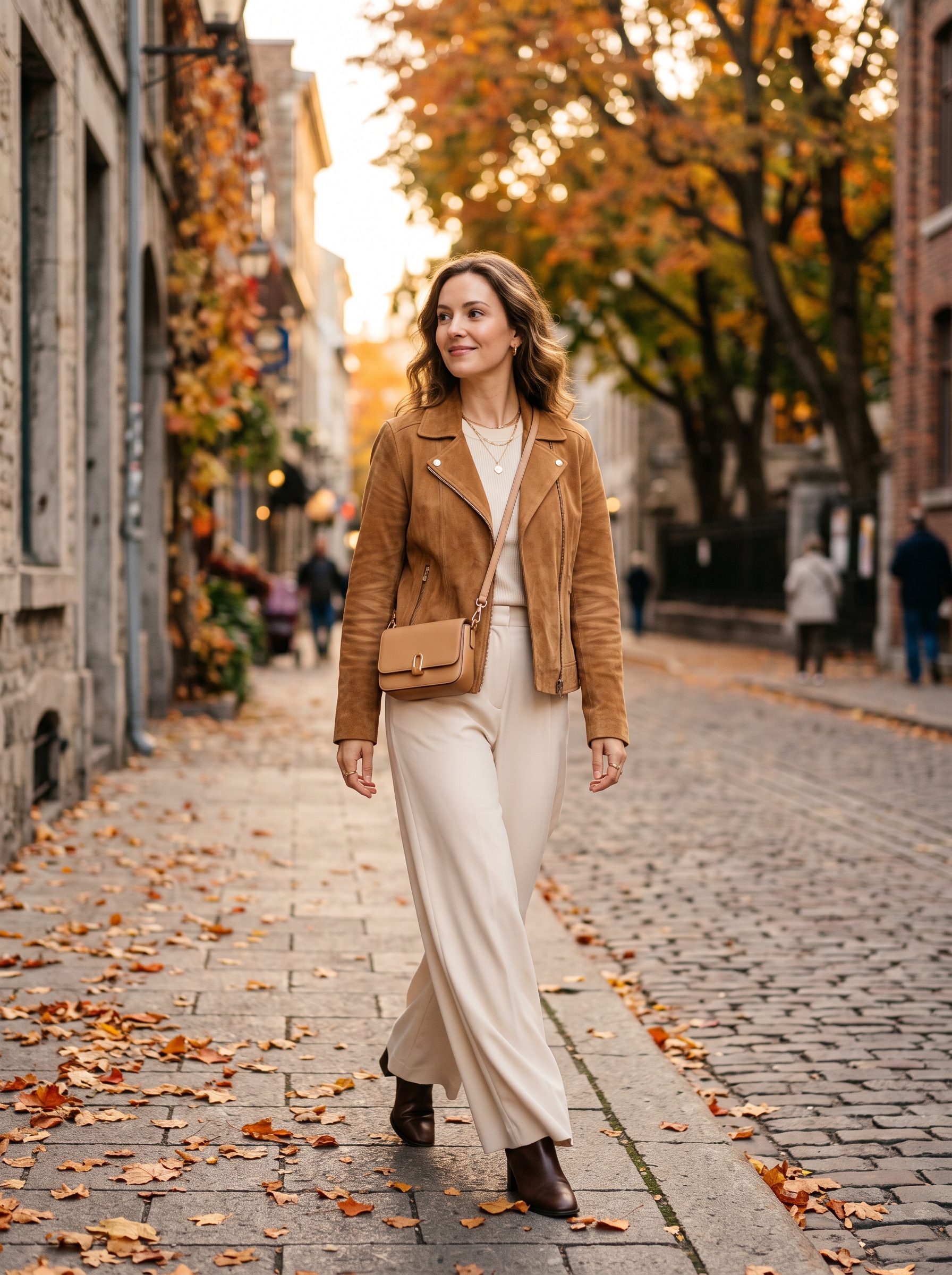 Suede Jacket With Cream Wide-Leg Pants