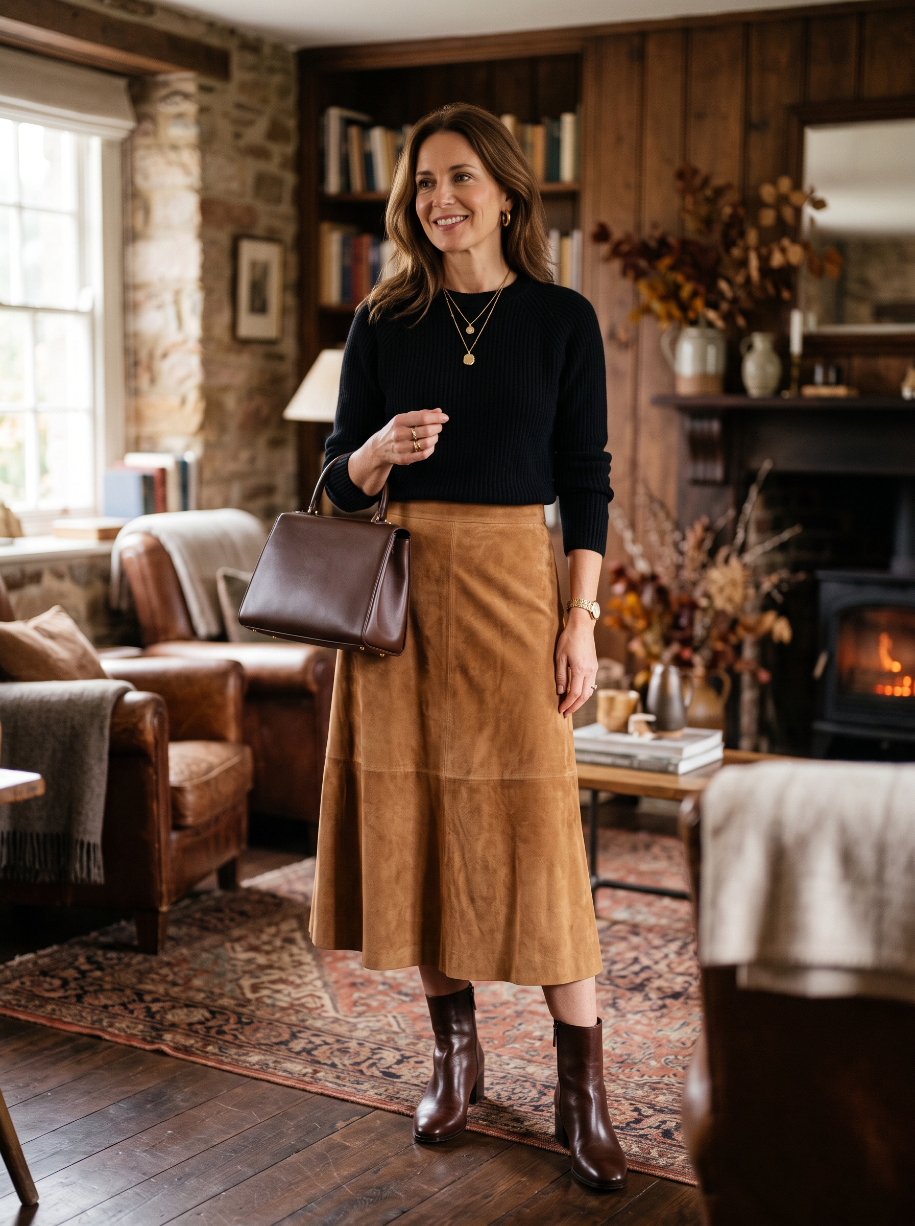 Suede Midi Skirt With Black Sweater