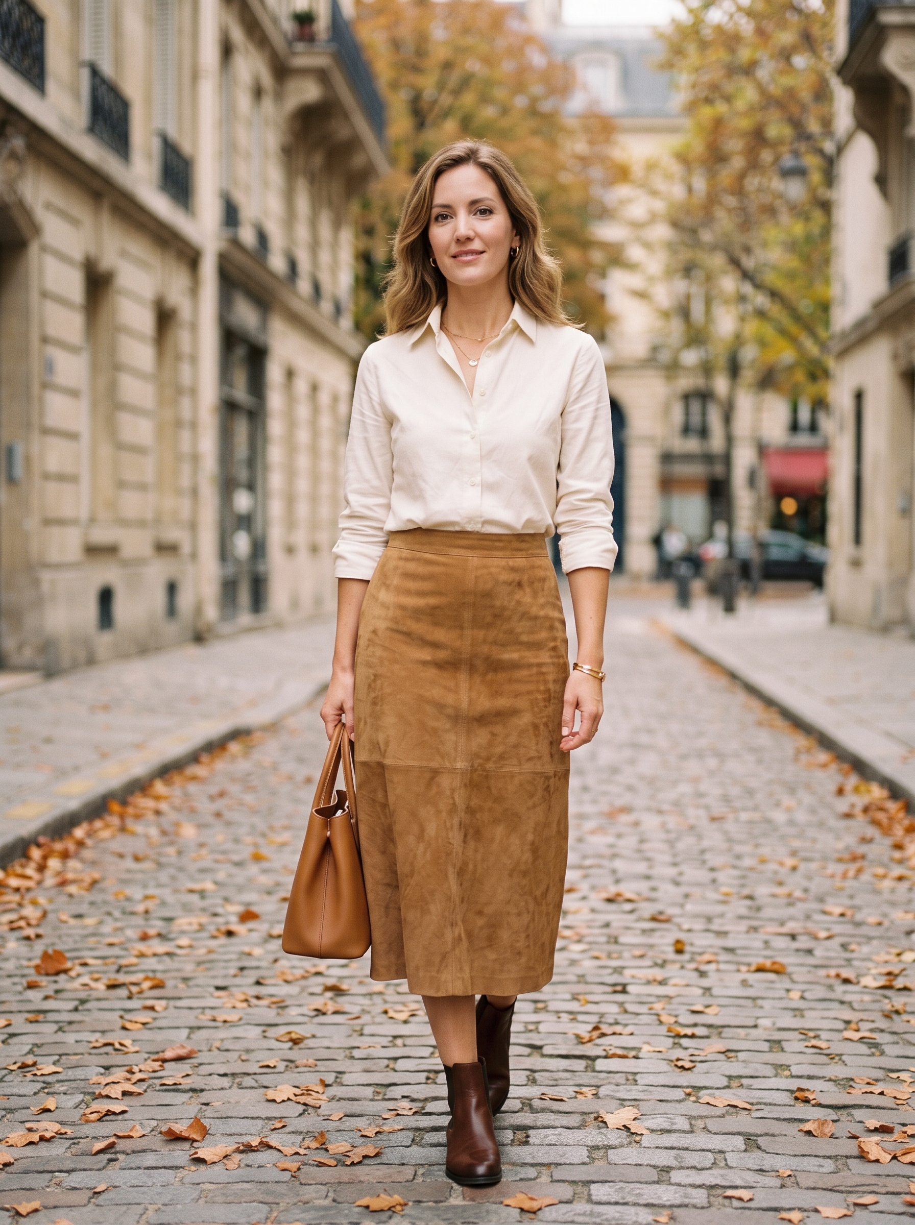Suede Midi Skirt With Cream Button-Down