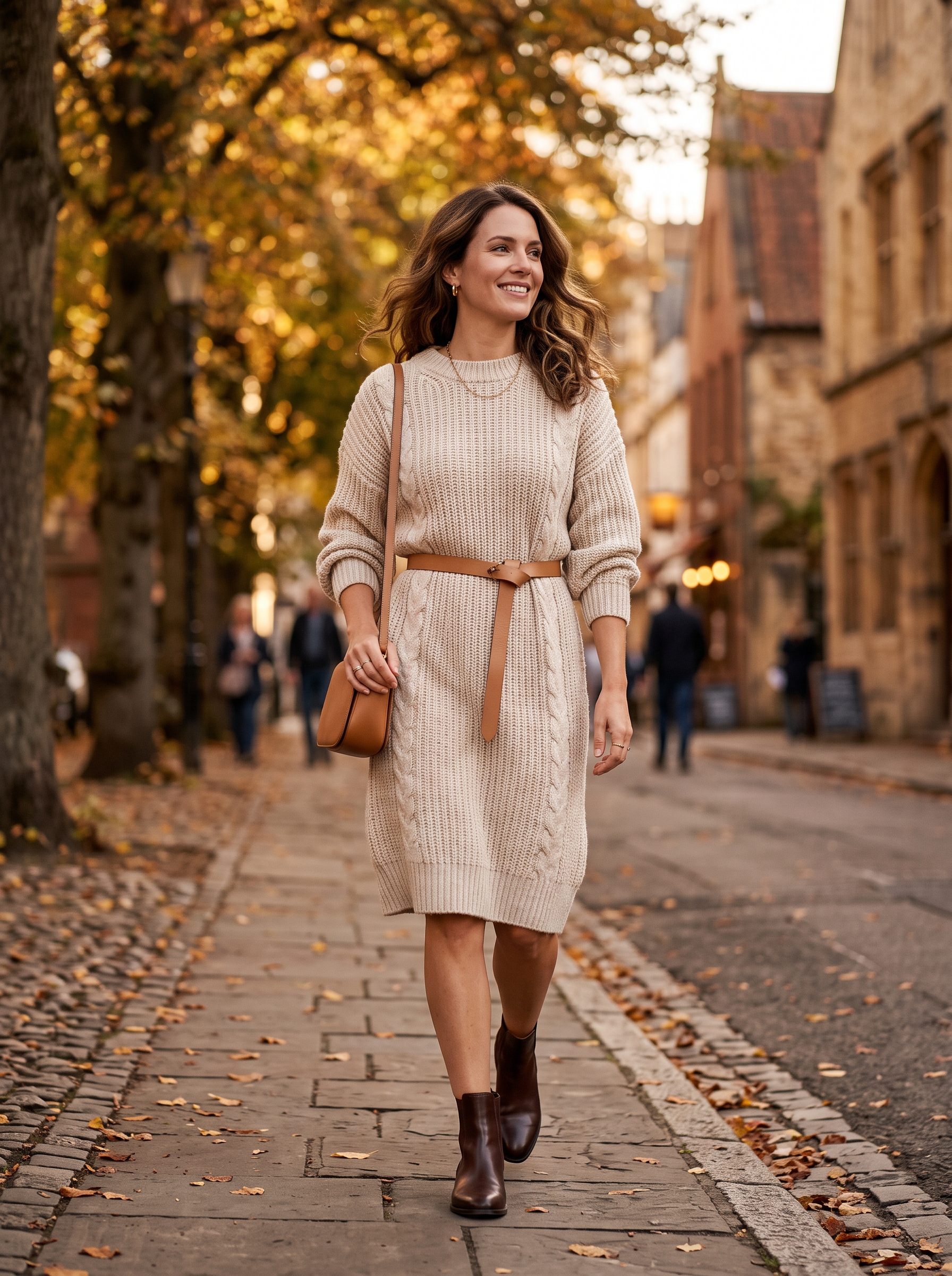 Sweater Dress With a Belt and Ankle Boots