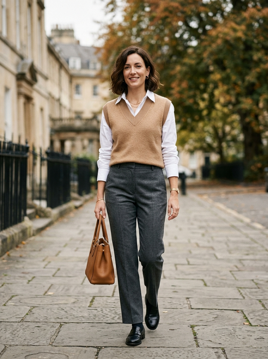 Sweater Vest With Crisp Shirt and Trousers
