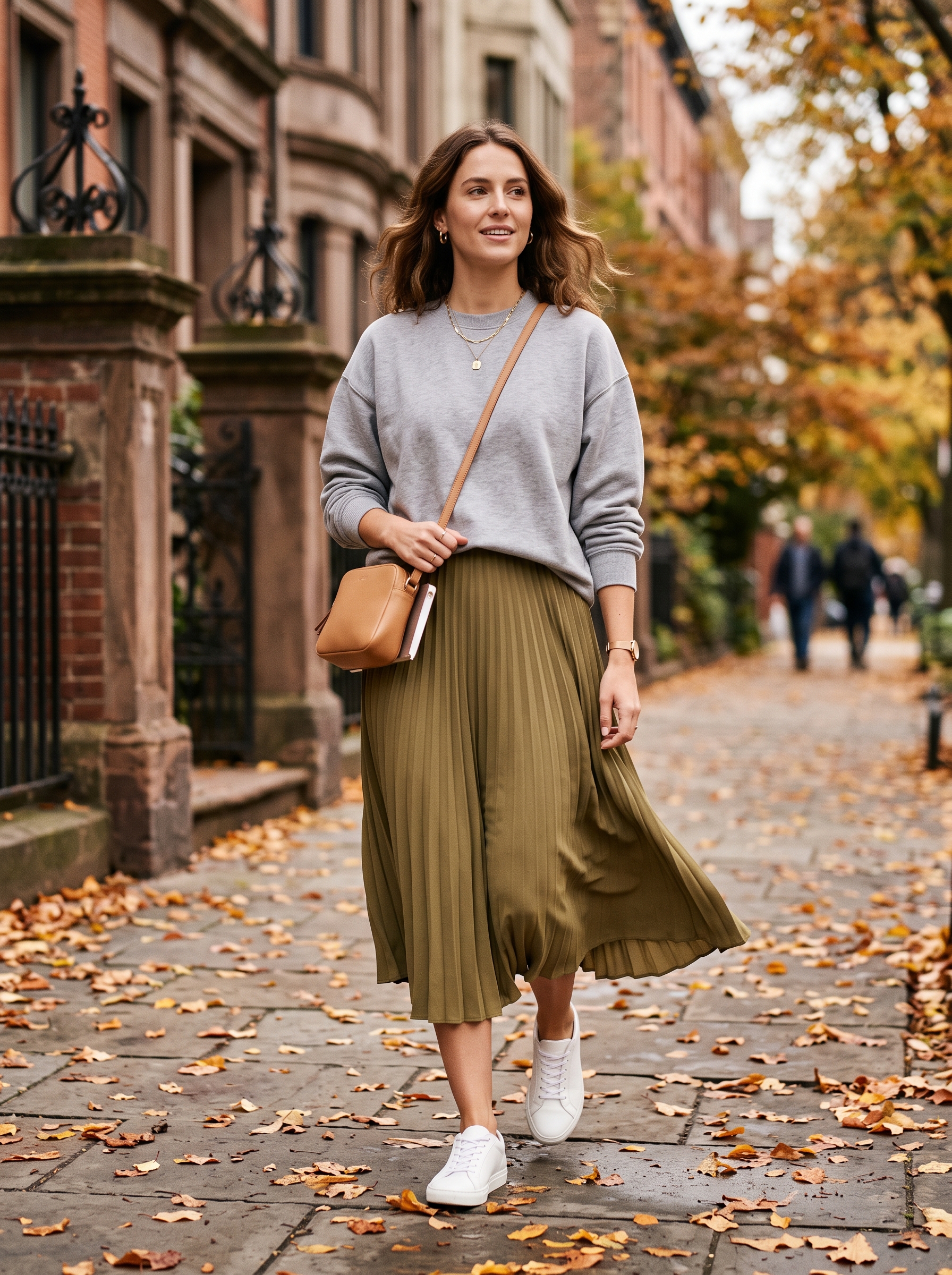 Sweatshirt With a Midi Skirt and Sneakers