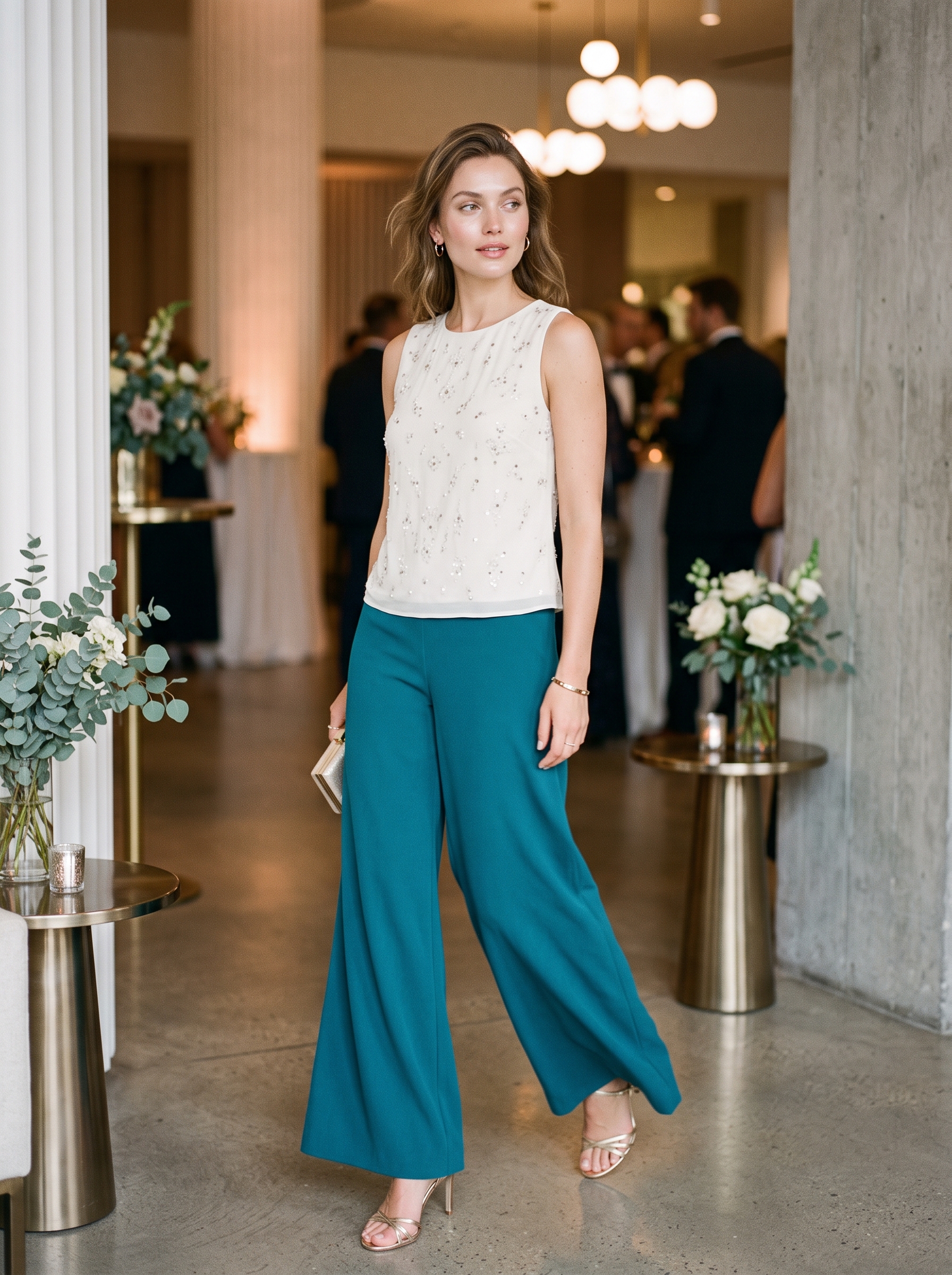 Teal Palazzo Pants With Embellished Shell Top