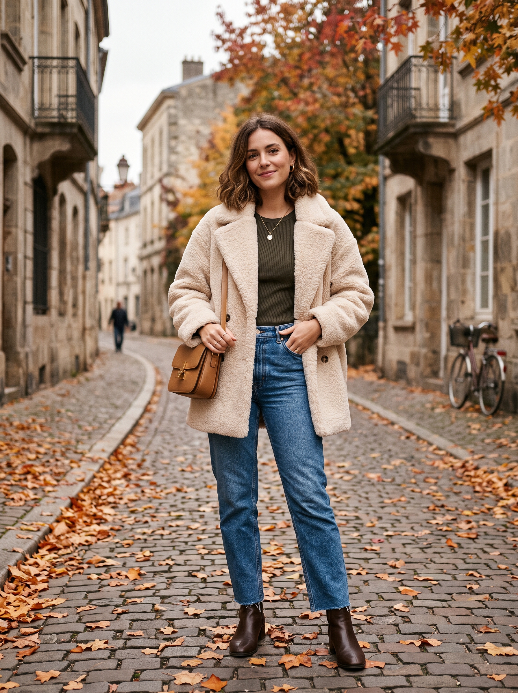 Teddy Coat With Knit Top and Straight Jeans
