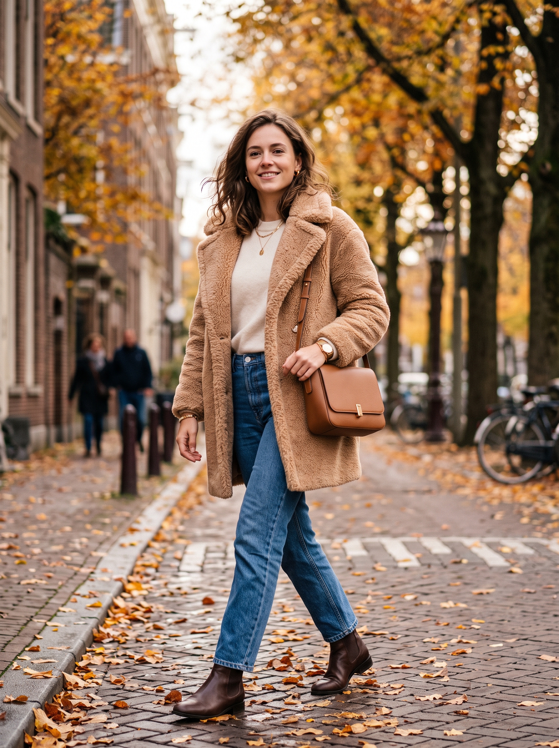 Teddy Coat With a Crewneck Sweater and Jeans