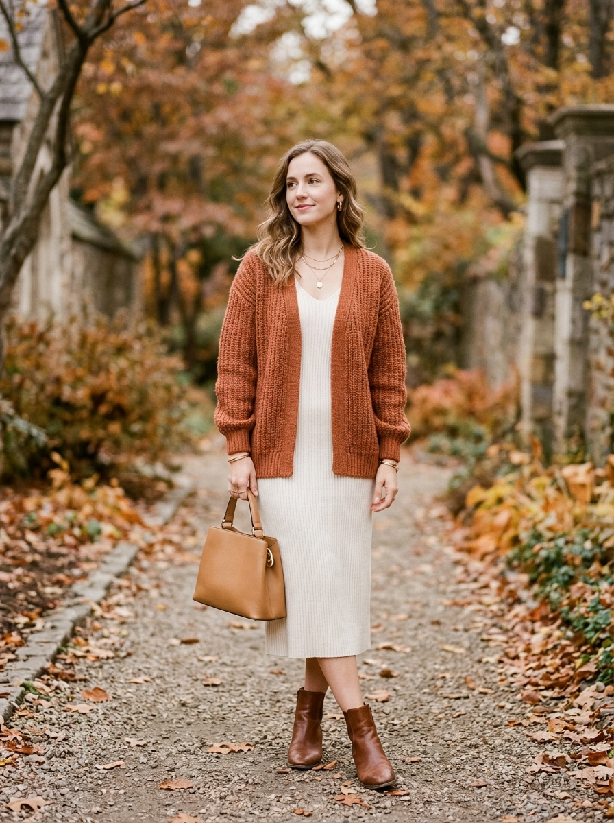Terracotta Cardigan With Ivory Dress