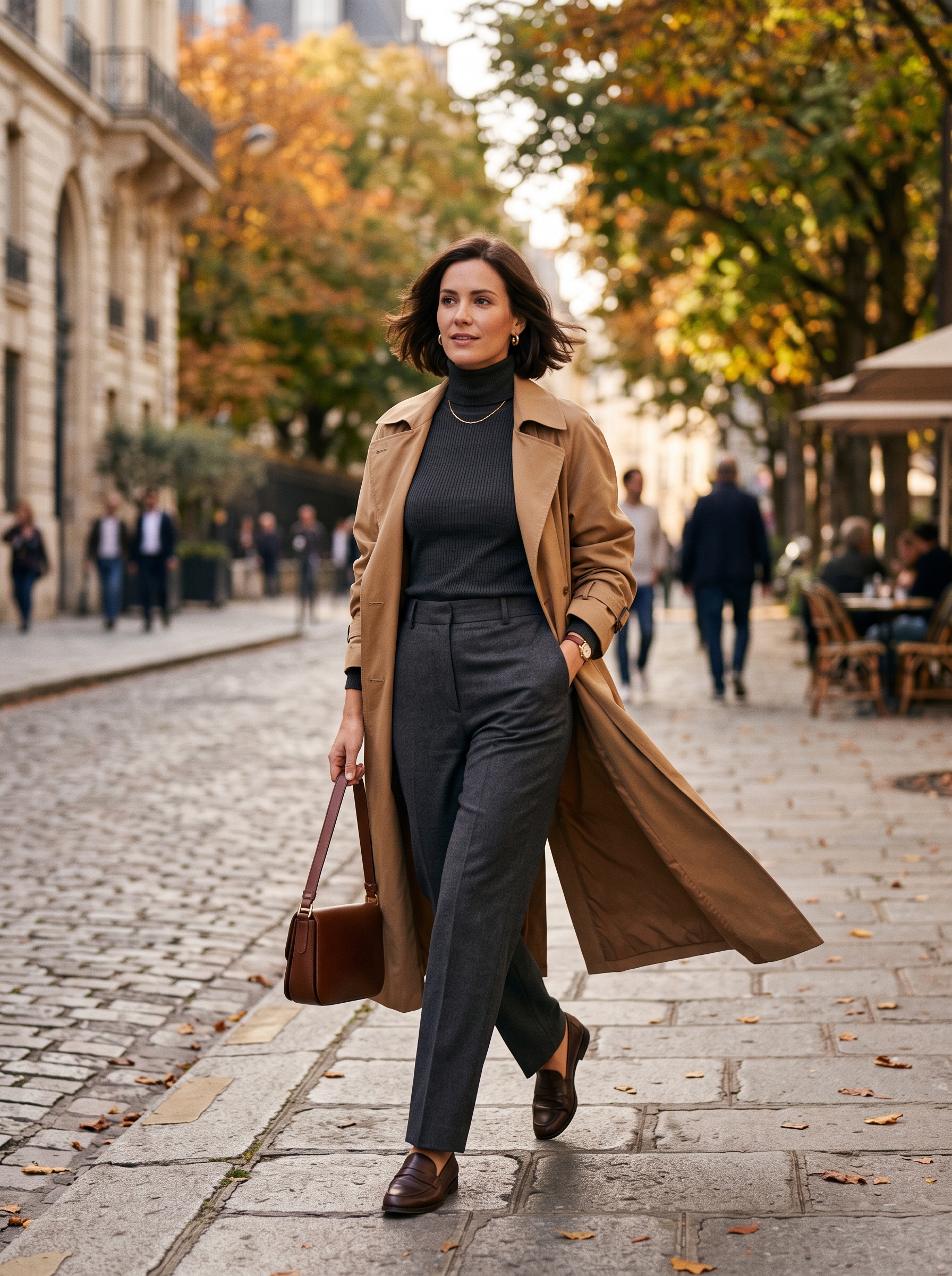 Trench Coat With Fitted Knit and Trousers