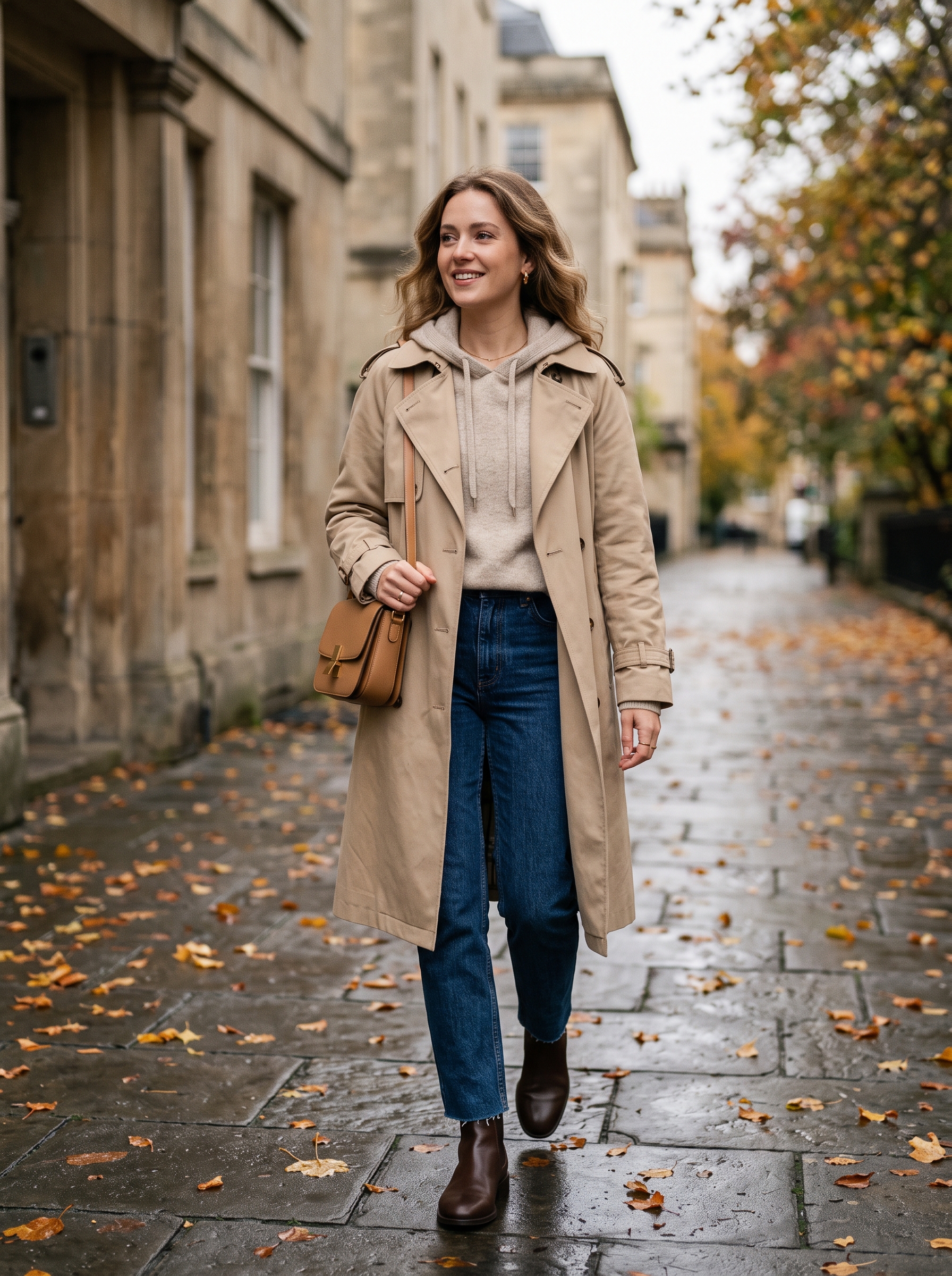 Trench Coat With Hoodie and Straight Jeans