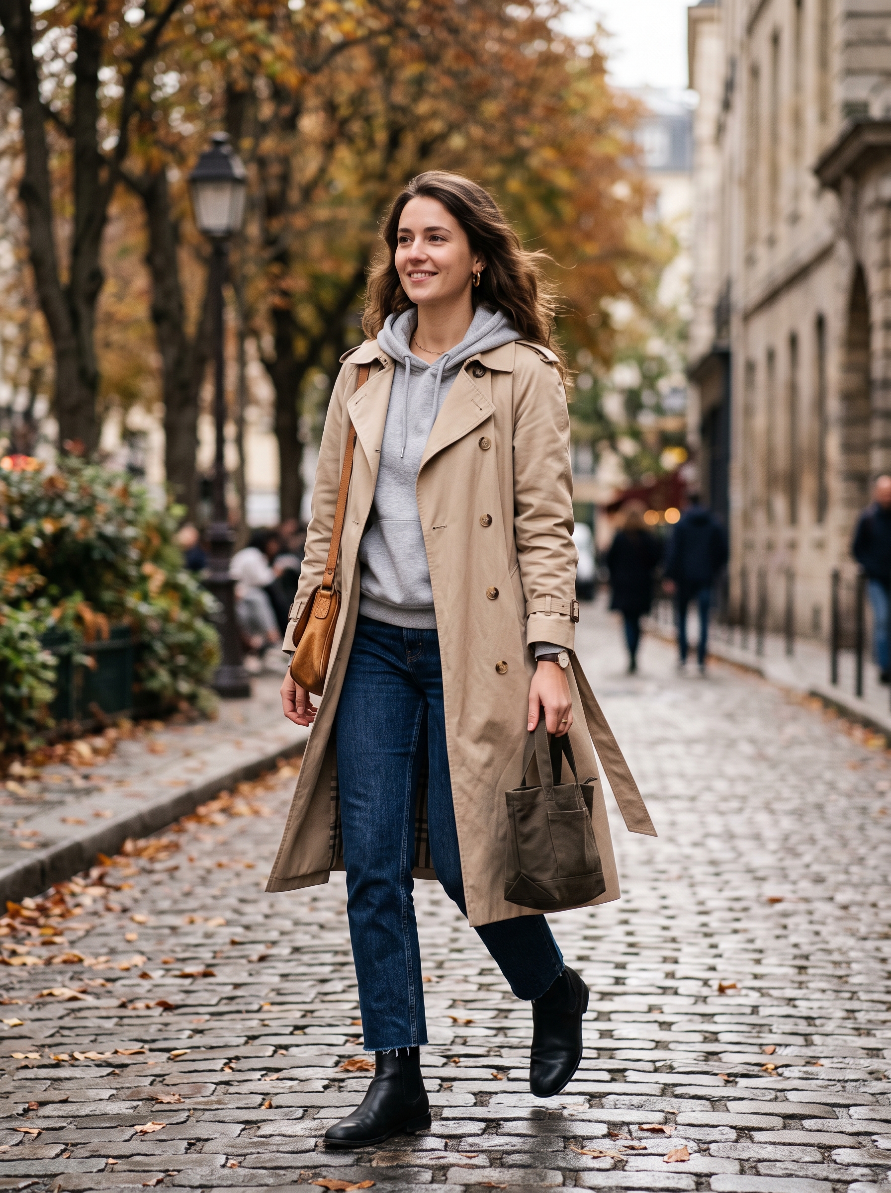 Trench Coat With Hoodie and Straight Jeans