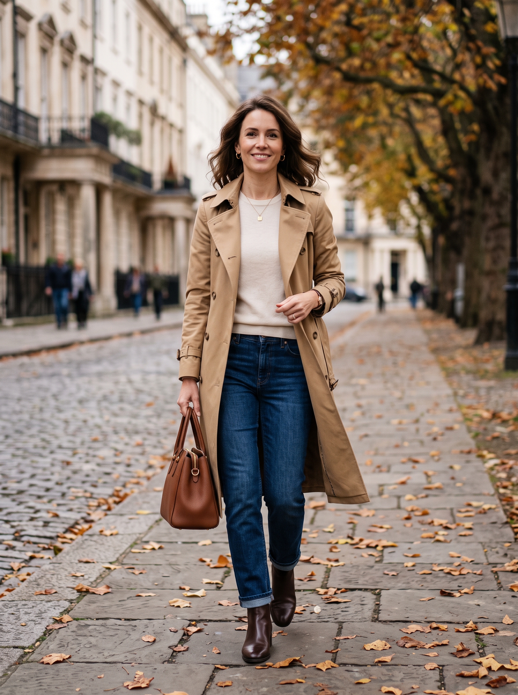 Trench Coat With Jeans and a Lightweight Sweater