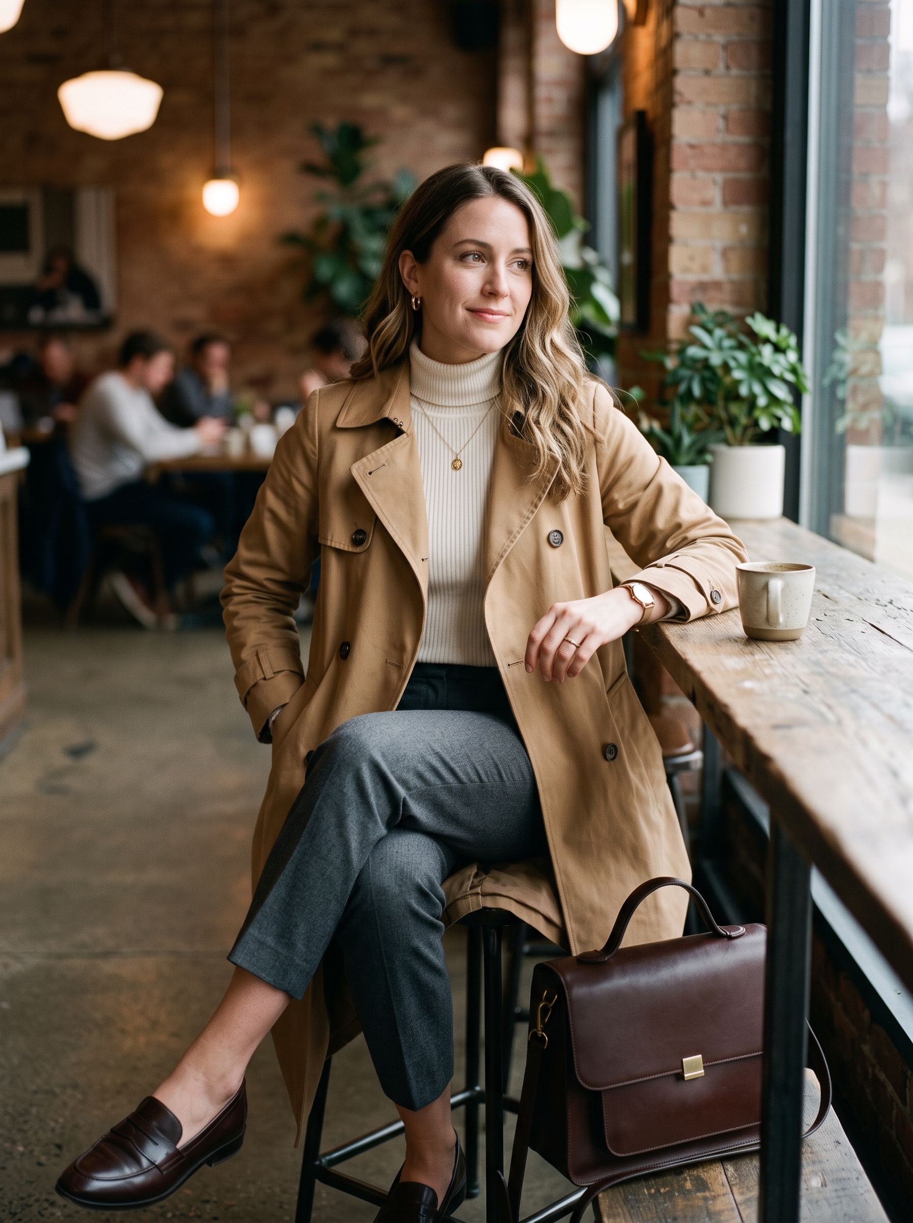 Trench Coat With Knit Top and Ankle Pants