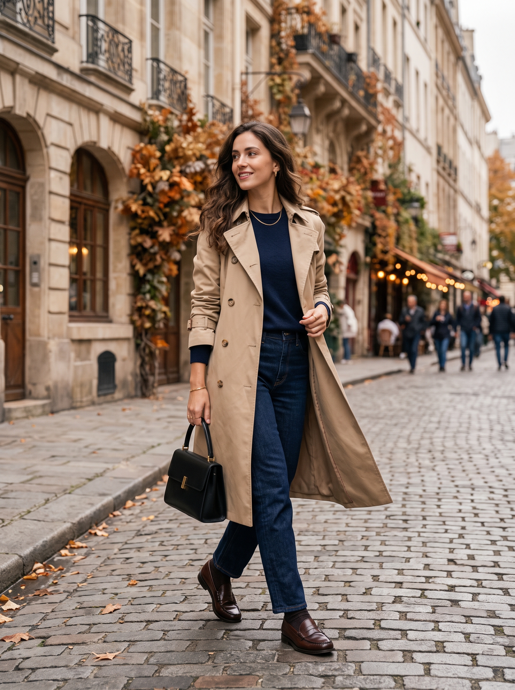 Trench Coat With Navy Sweater and Jeans