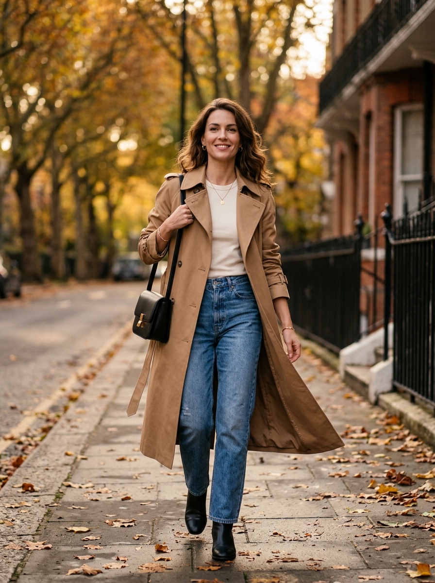 Trench Coat With Tee and Relaxed Jeans