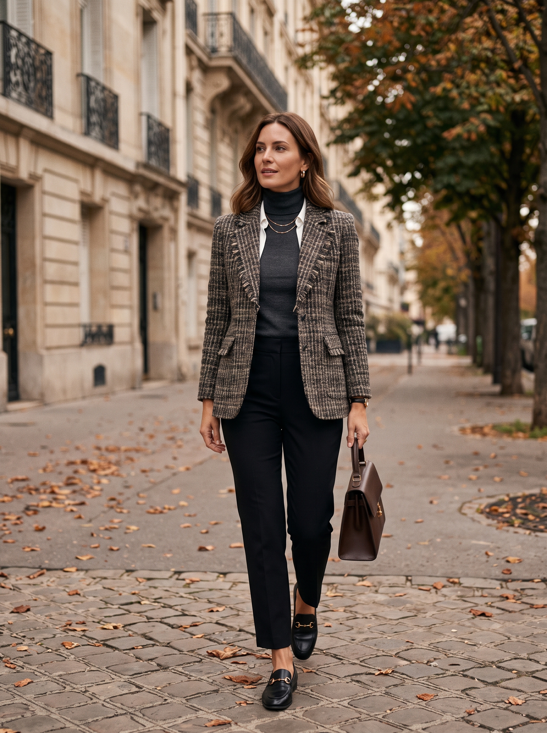 Tweed Jacket With Black Trousers and Knit Top