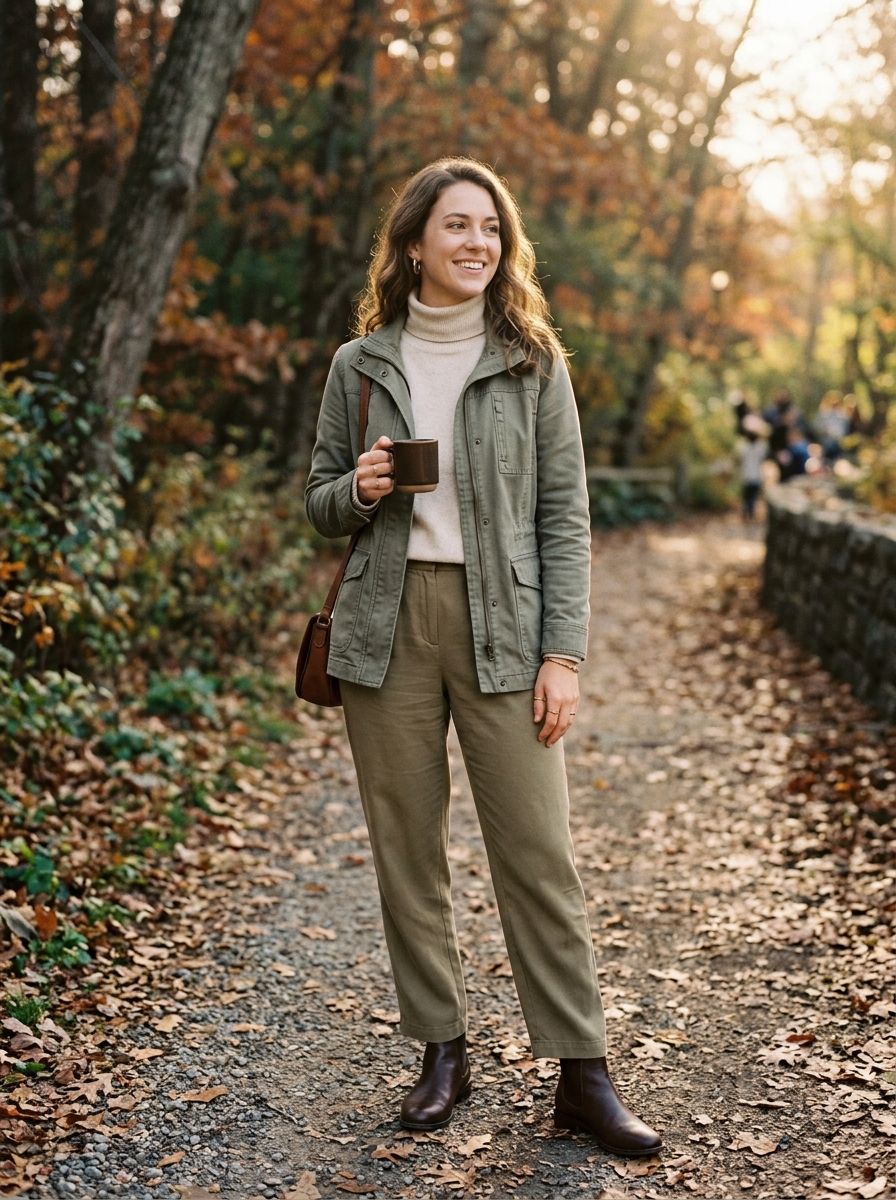 Utility Jacket With Turtleneck and Relaxed Trousers
