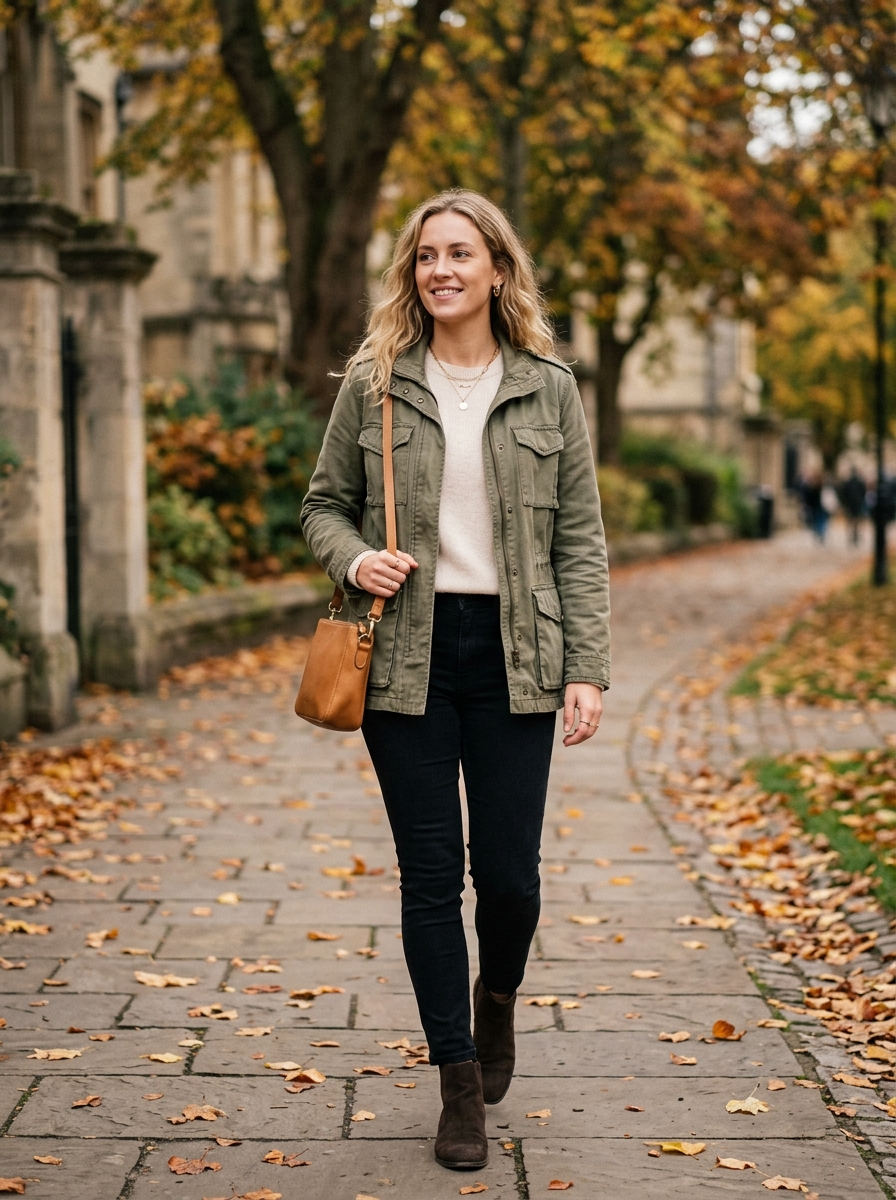 Utility Jacket With a Knit Top and Black Jeans