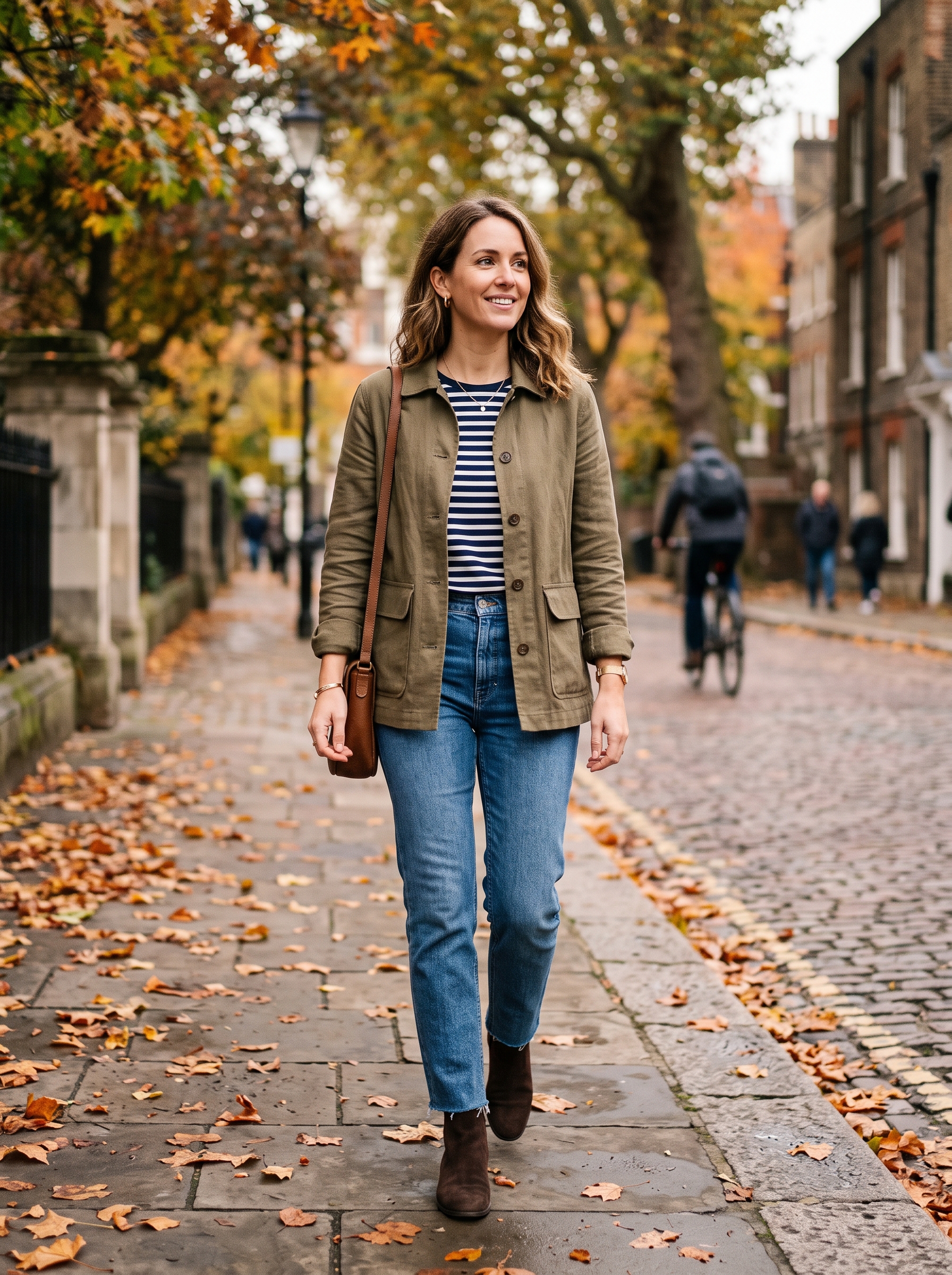 Utility Jacket With a Striped Tee and Straight Jeans