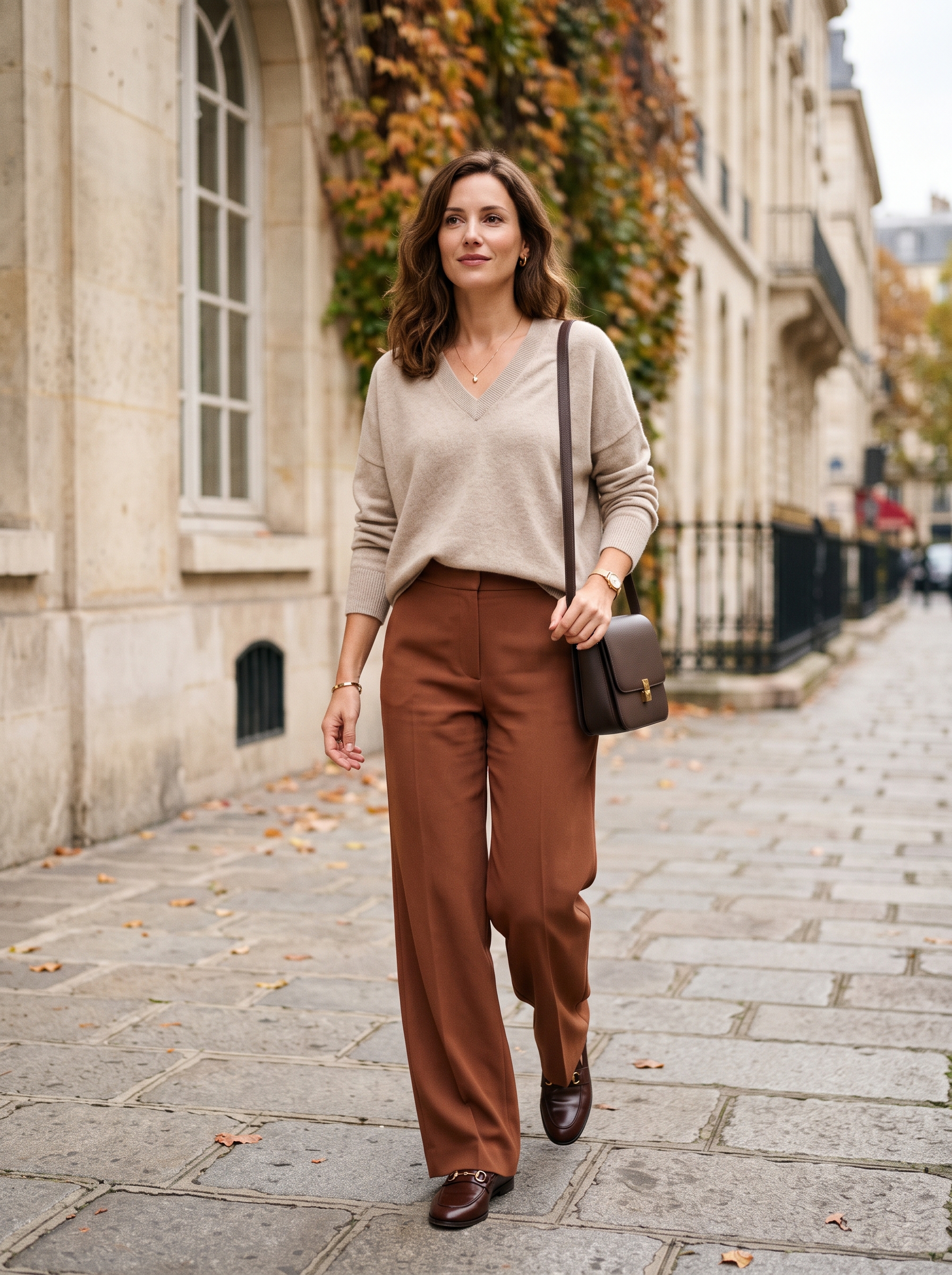 V-Neck Sweater With Wide-Leg Trousers