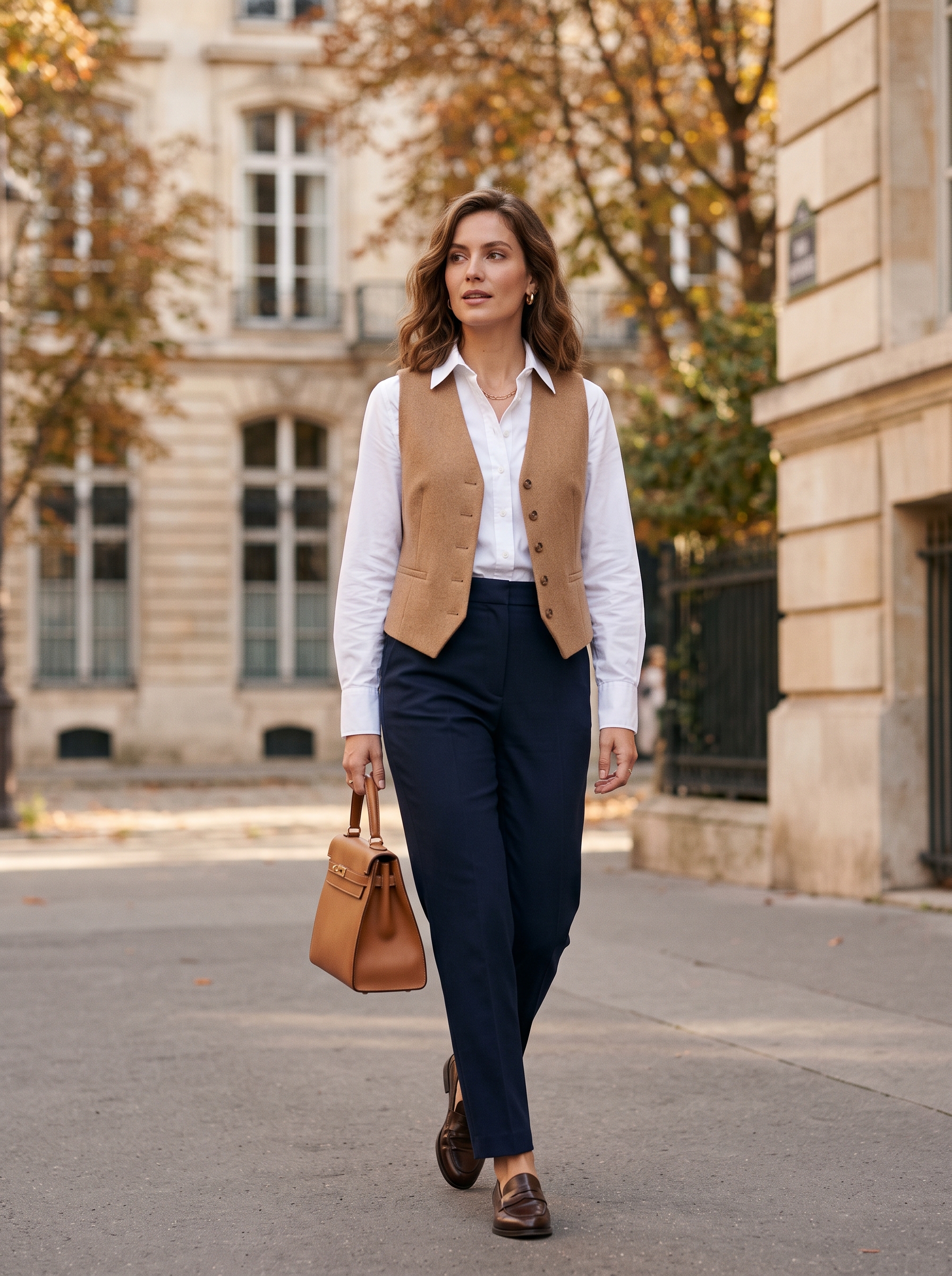 White Shirt With Camel Vest and Dark Trousers