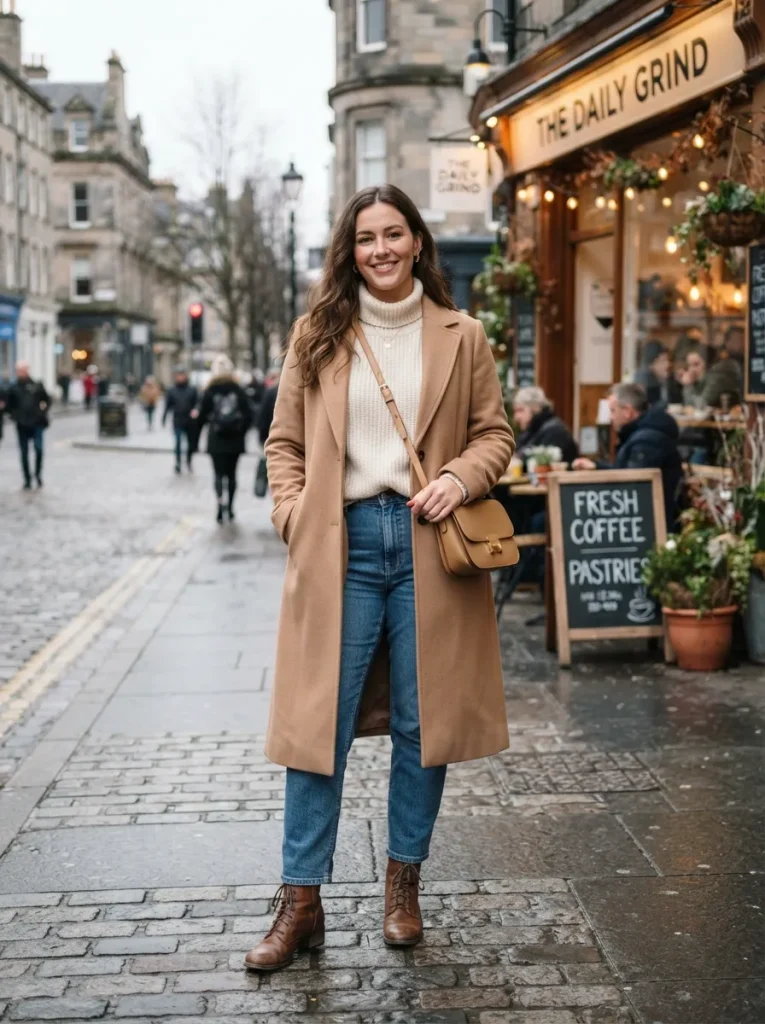 Cozy neutral sweater with straight-leg jeans winter capsule wardrobe outfit