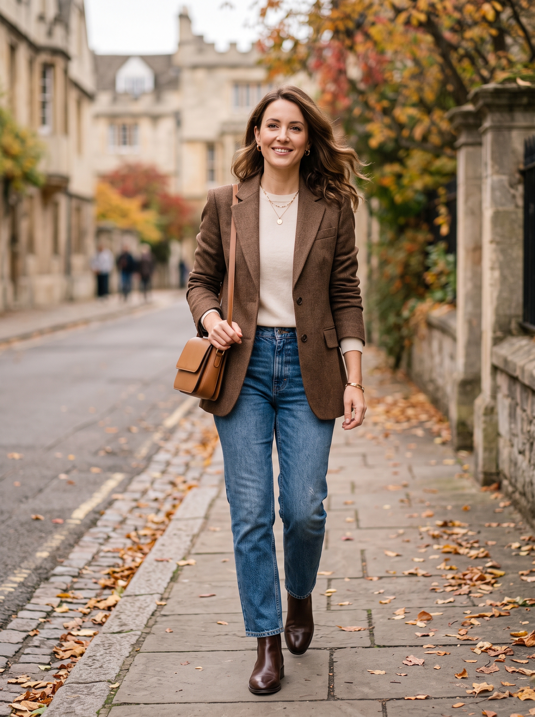 Wool Blazer With Fine-Knit Sweater and Jeans