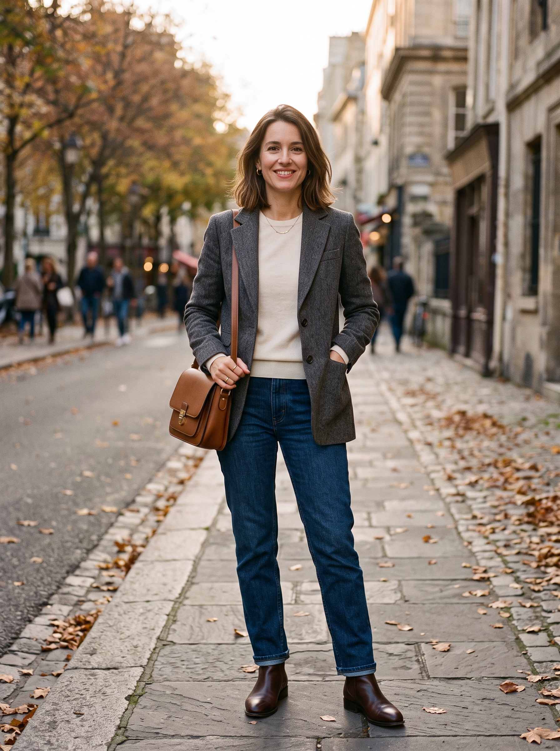 Wool Blazer With Fine-Knit Sweater and Jeans