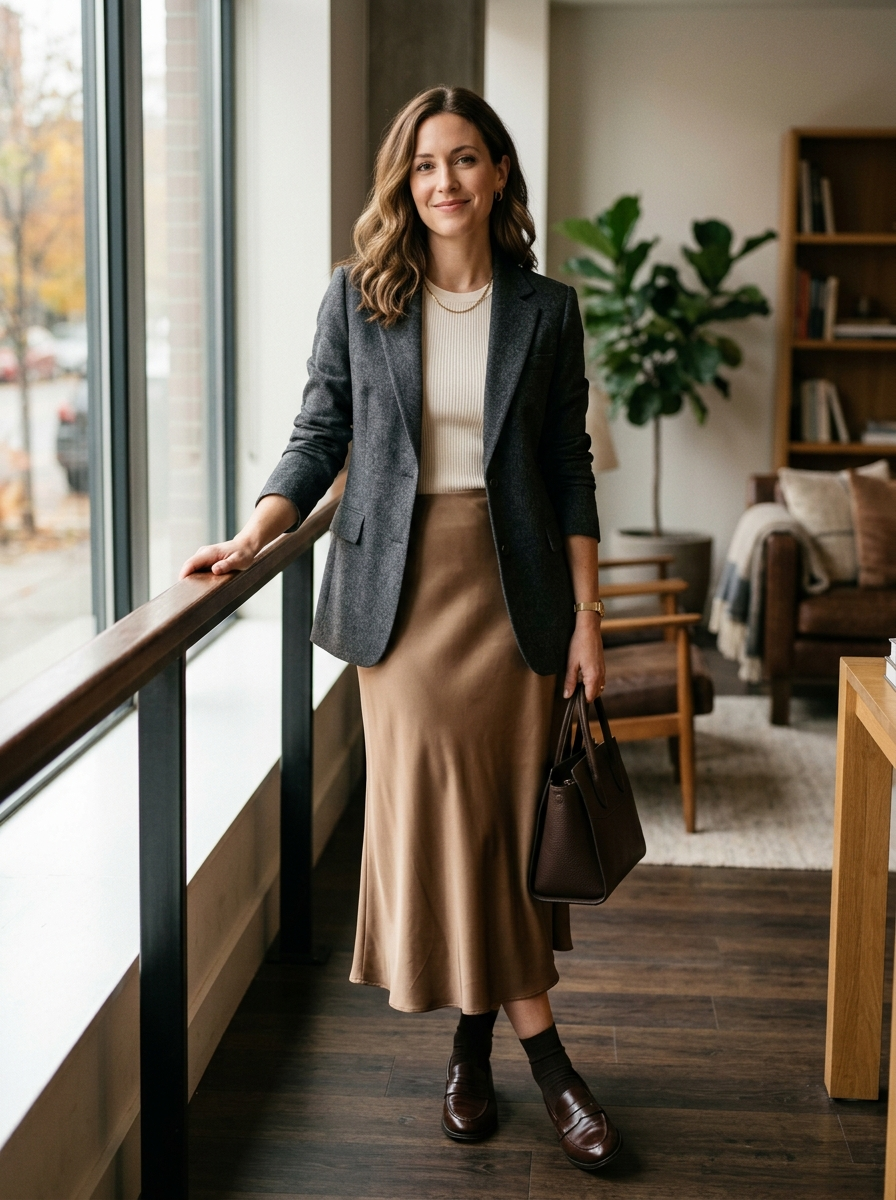 Wool Blazer With Satin Midi Skirt