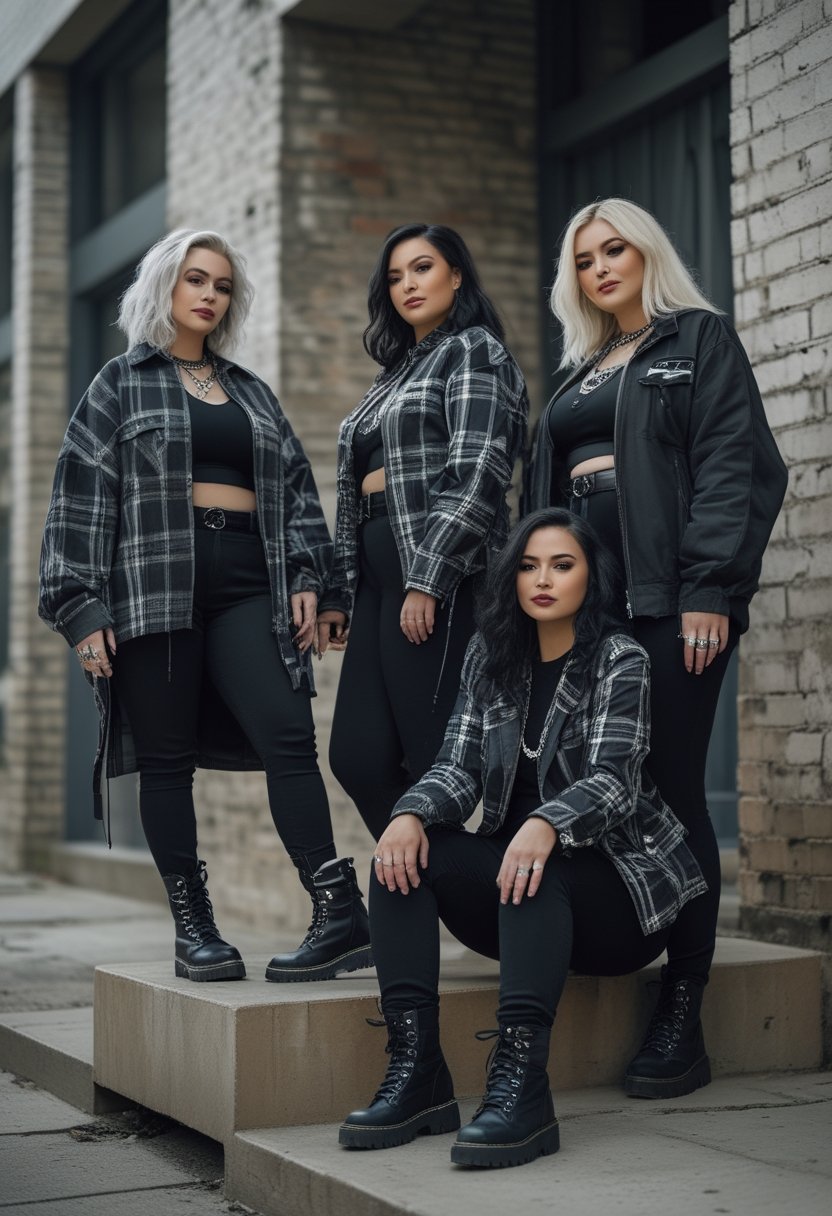 Three plus-size women in alternative fashion outfits pose together beside an urban brick wall.