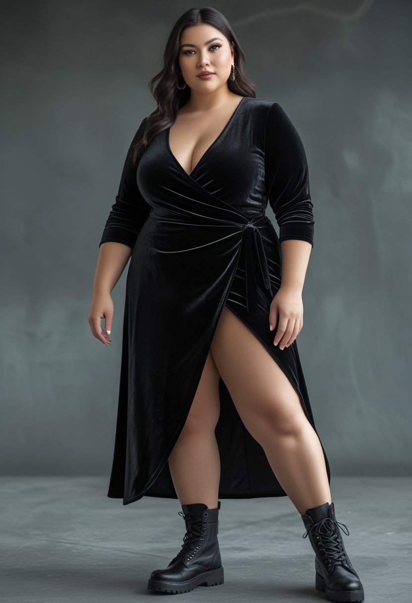 A plus-size woman wearing a black velvet wrap dress and black combat boots in a modern studio.