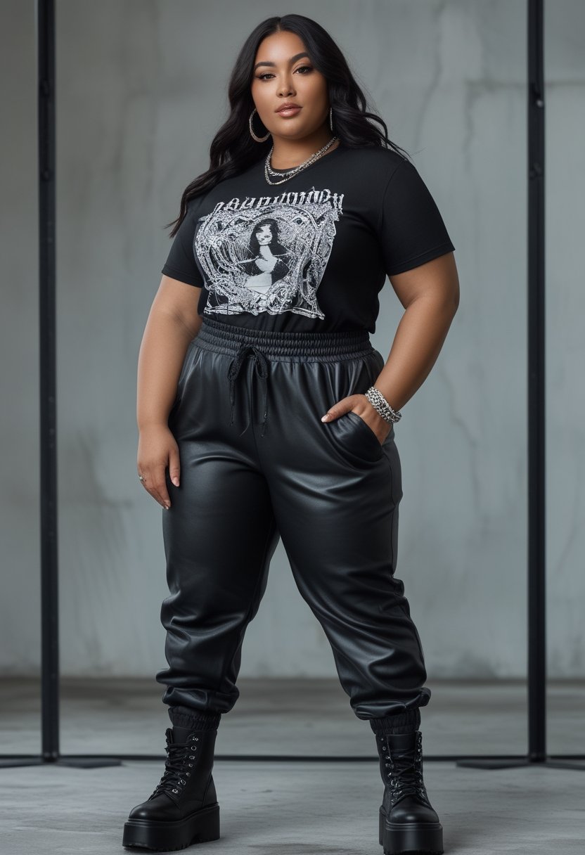 A plus-size woman wearing a black graphic tee, faux-leather joggers, and black boots stands in an urban studio.
