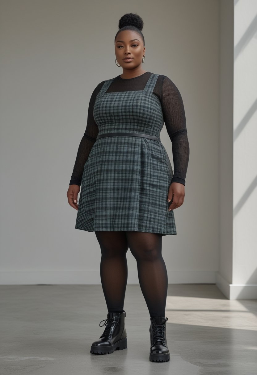 A plus-size woman wears a plaid pinafore dress over a long-sleeve mesh top in a modern indoor setting.