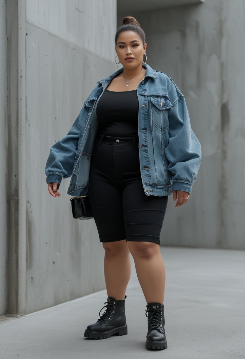 A plus-size woman wearing an oversized denim jacket, black top, biker shorts, and combat boots stands against an urban wall.