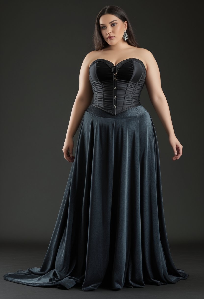 A plus-size woman wearing a long dark skirt and fitted corset top poses in a studio.